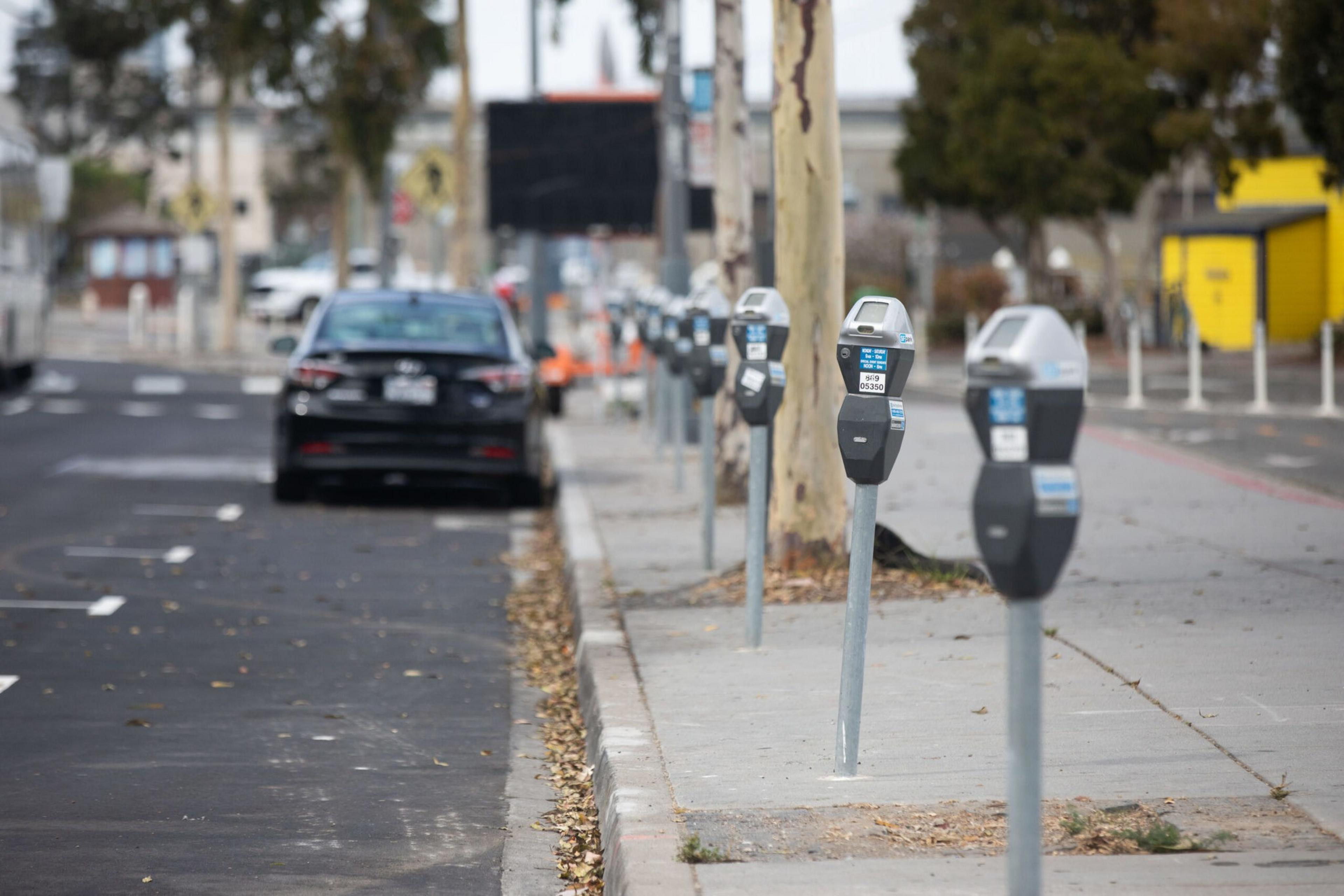 A row of parking meters lines a sidewalk next to a street with a few parked cars and scattered leaves.