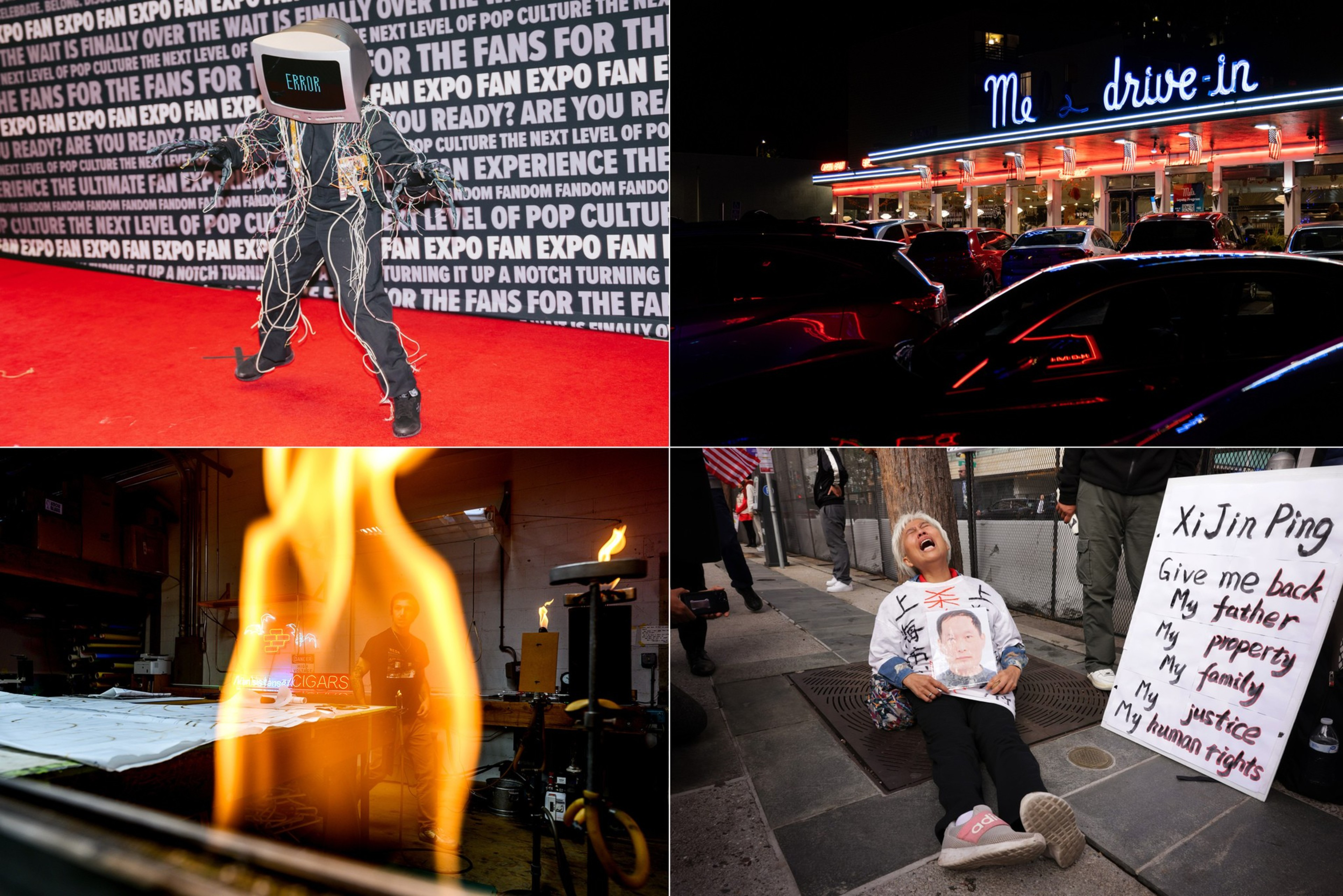 A composite photo 4 pictures that include of a person wearing a computer on their head while in a costume of cords while standing on the red carpet, an evening exterior Melâ€™s Drive-in with neon signage and lights reflecting off parked cards , a screaming p
