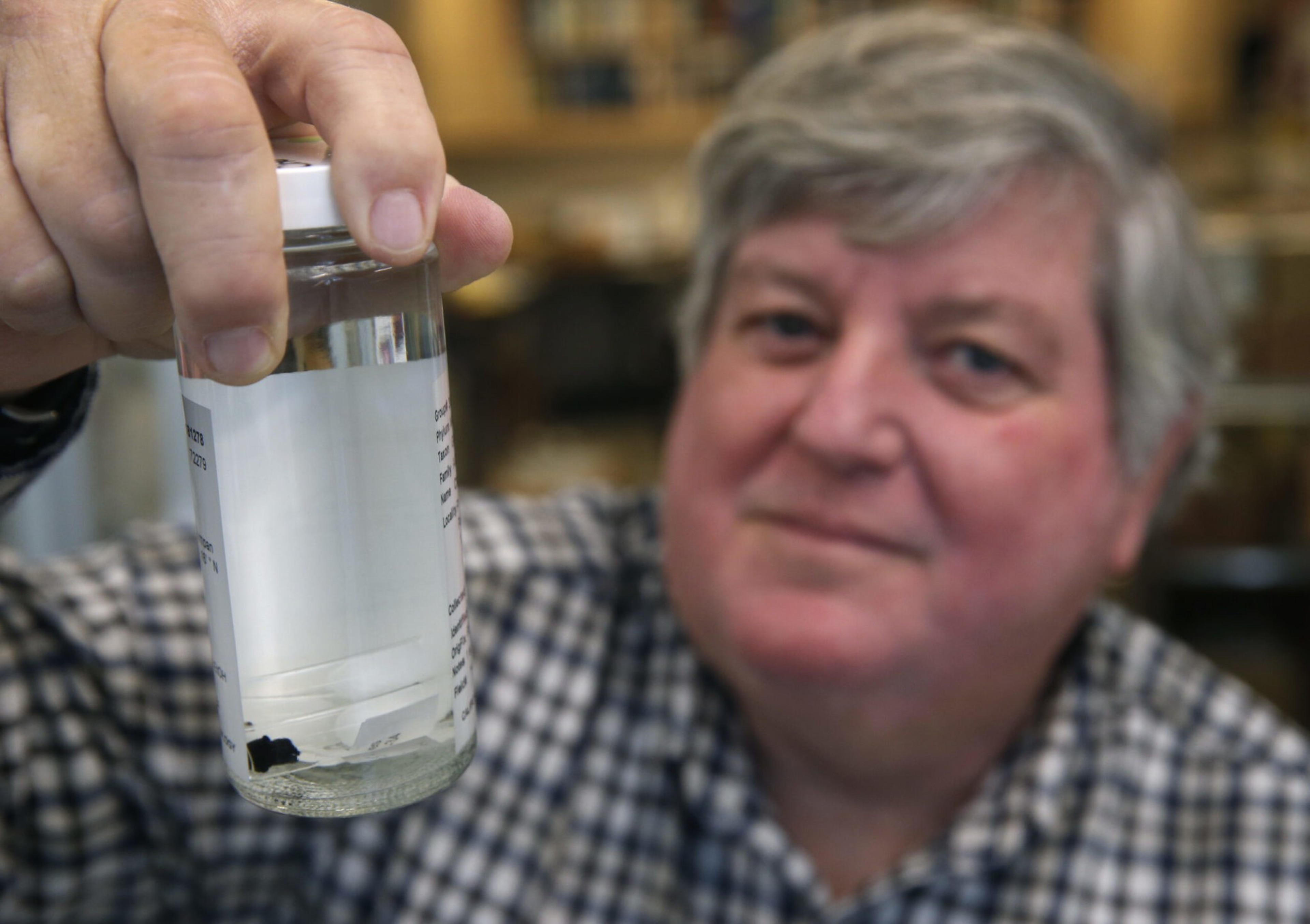 A man in a checkered shirt holds a clear container with clear liquid and a small dark object inside.