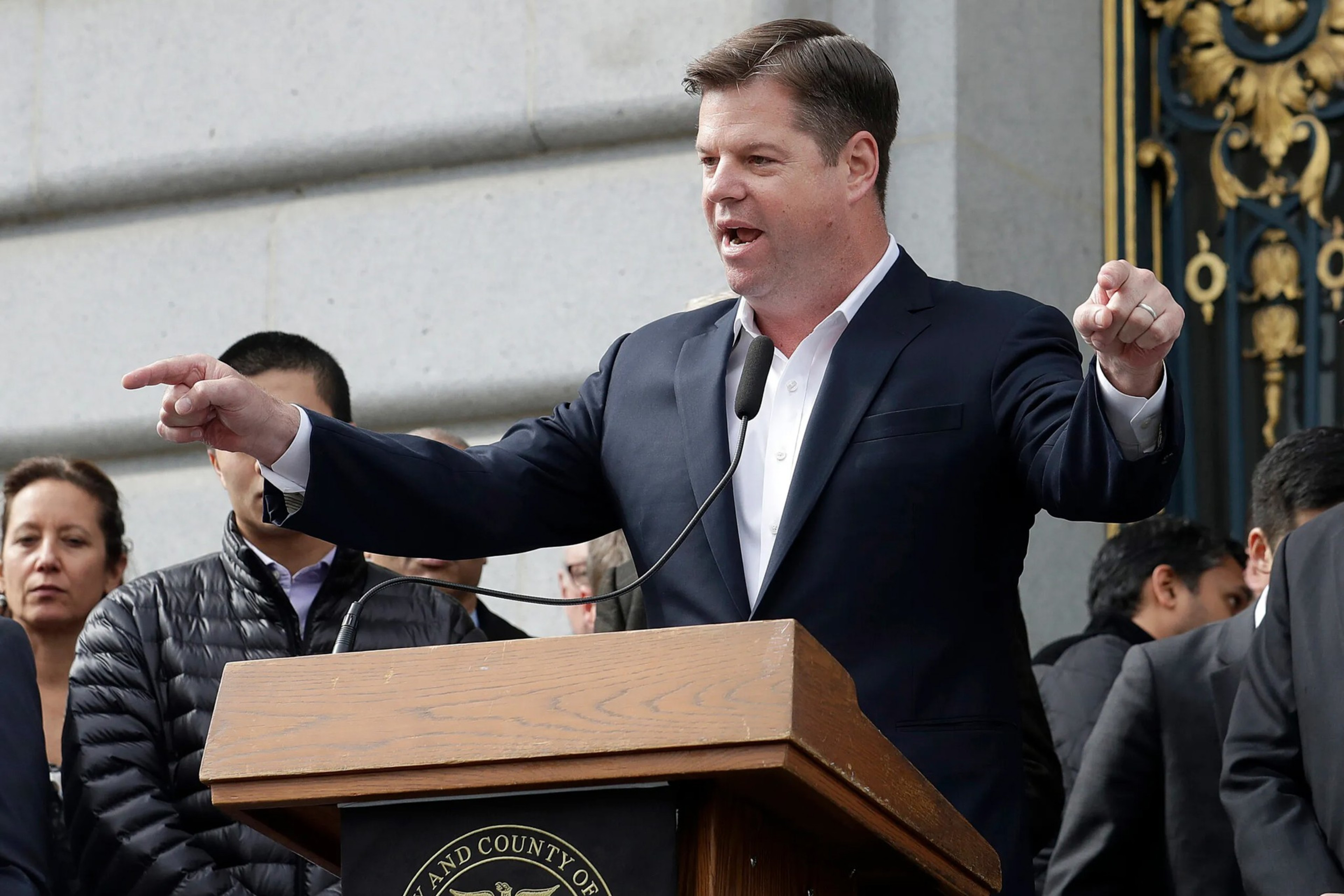 Mark Farrell speaks at a press conference.
