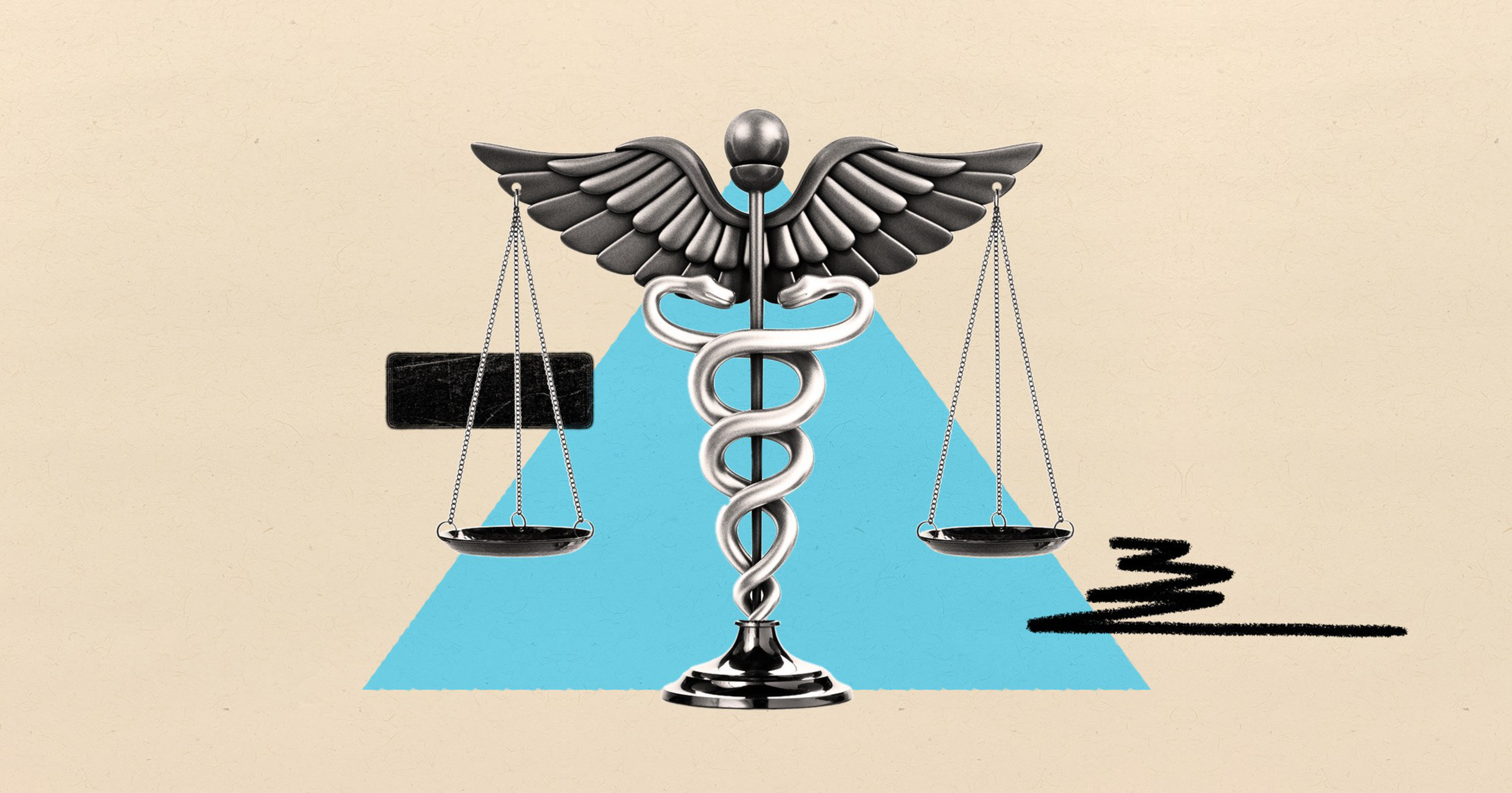 A metallic caduceus symbol with wings balances scales on either side, set against a blue triangular background on a beige surface.