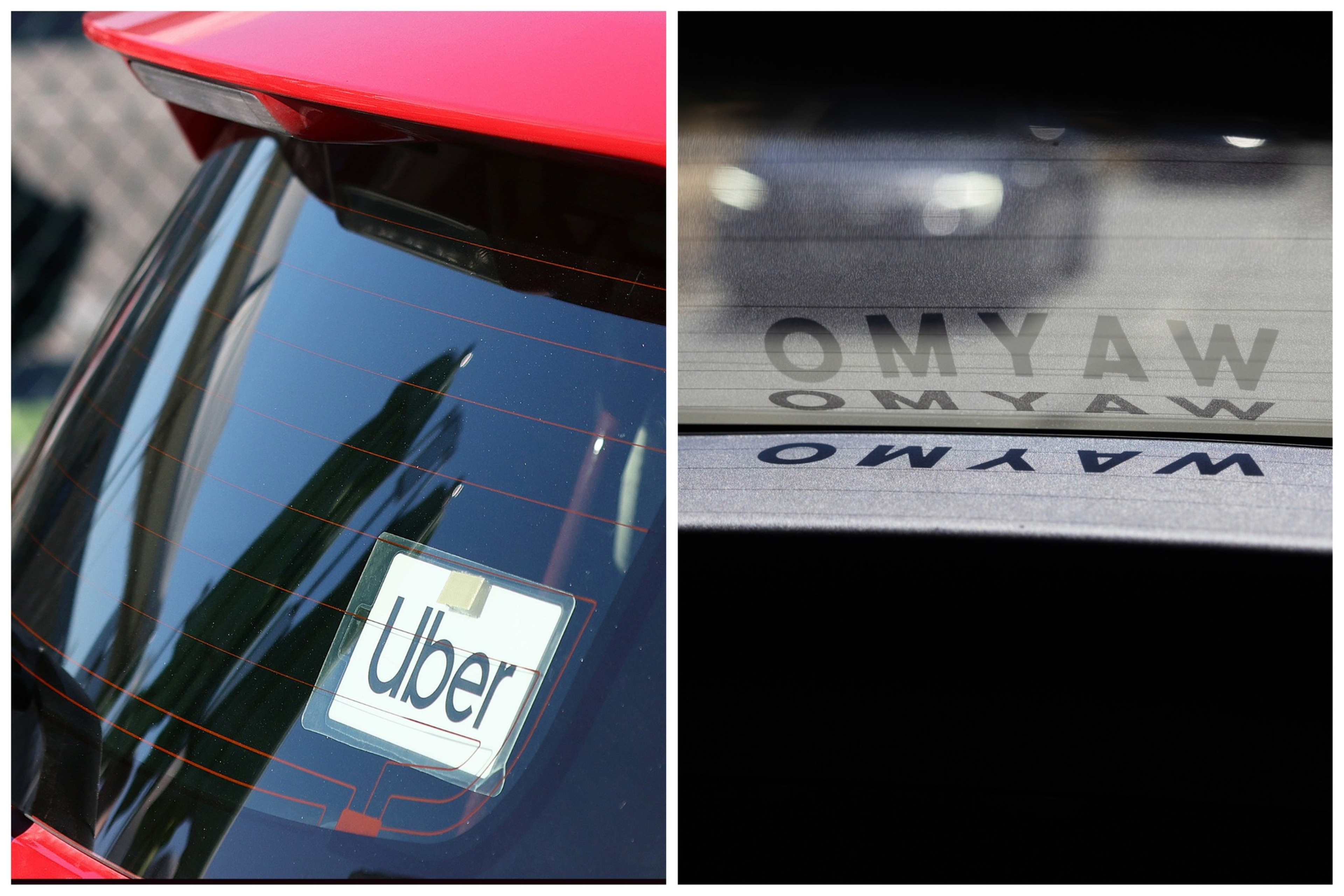 A red car's rear window shows a taped Uber sign, alongside a separate image of a car rear window with reversed and correctly oriented letters spelling "WAYMO."