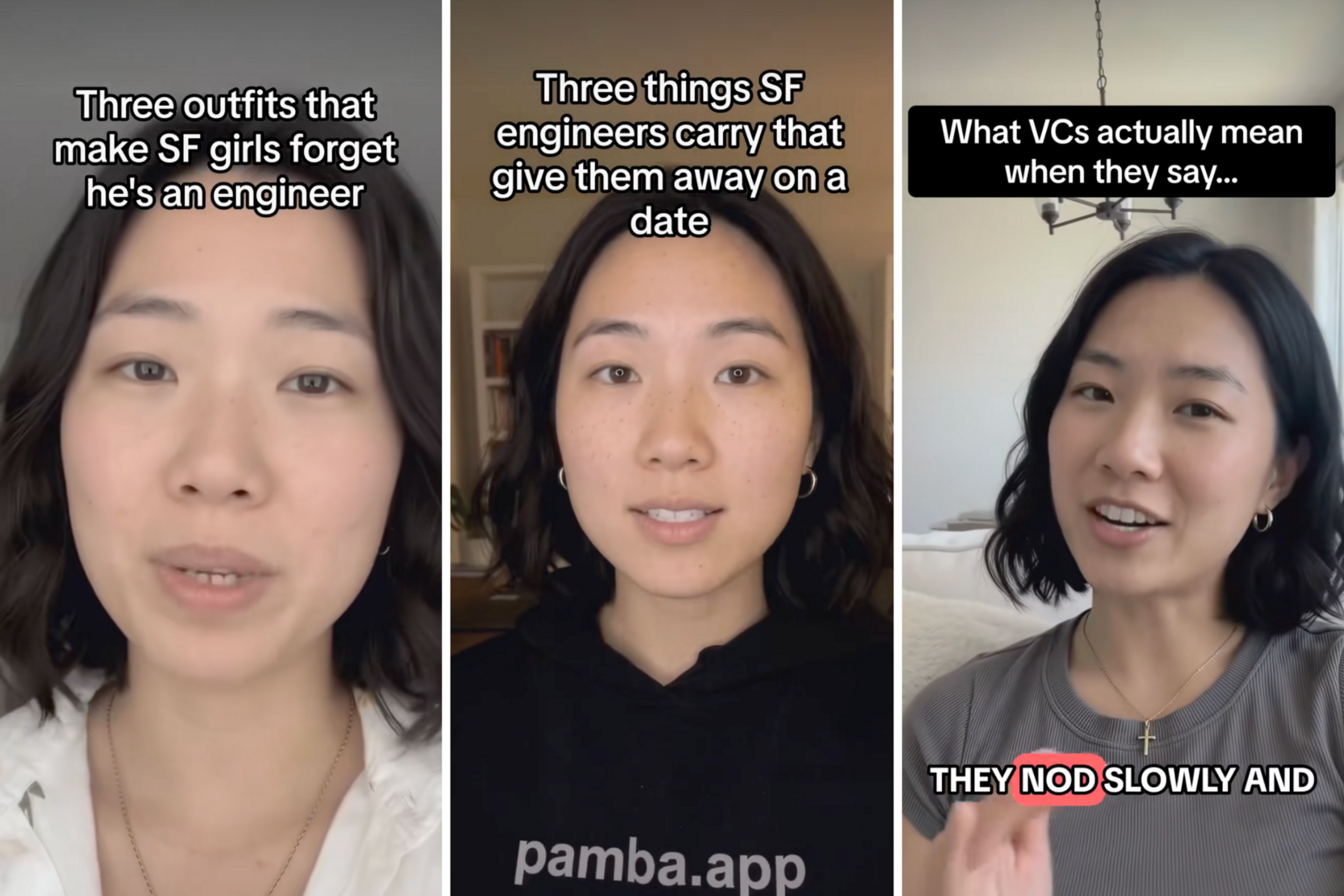 A woman speaks in three frames about SF engineers: their outfits, items revealing their job on dates, and what VCs’ phrases actually mean.
