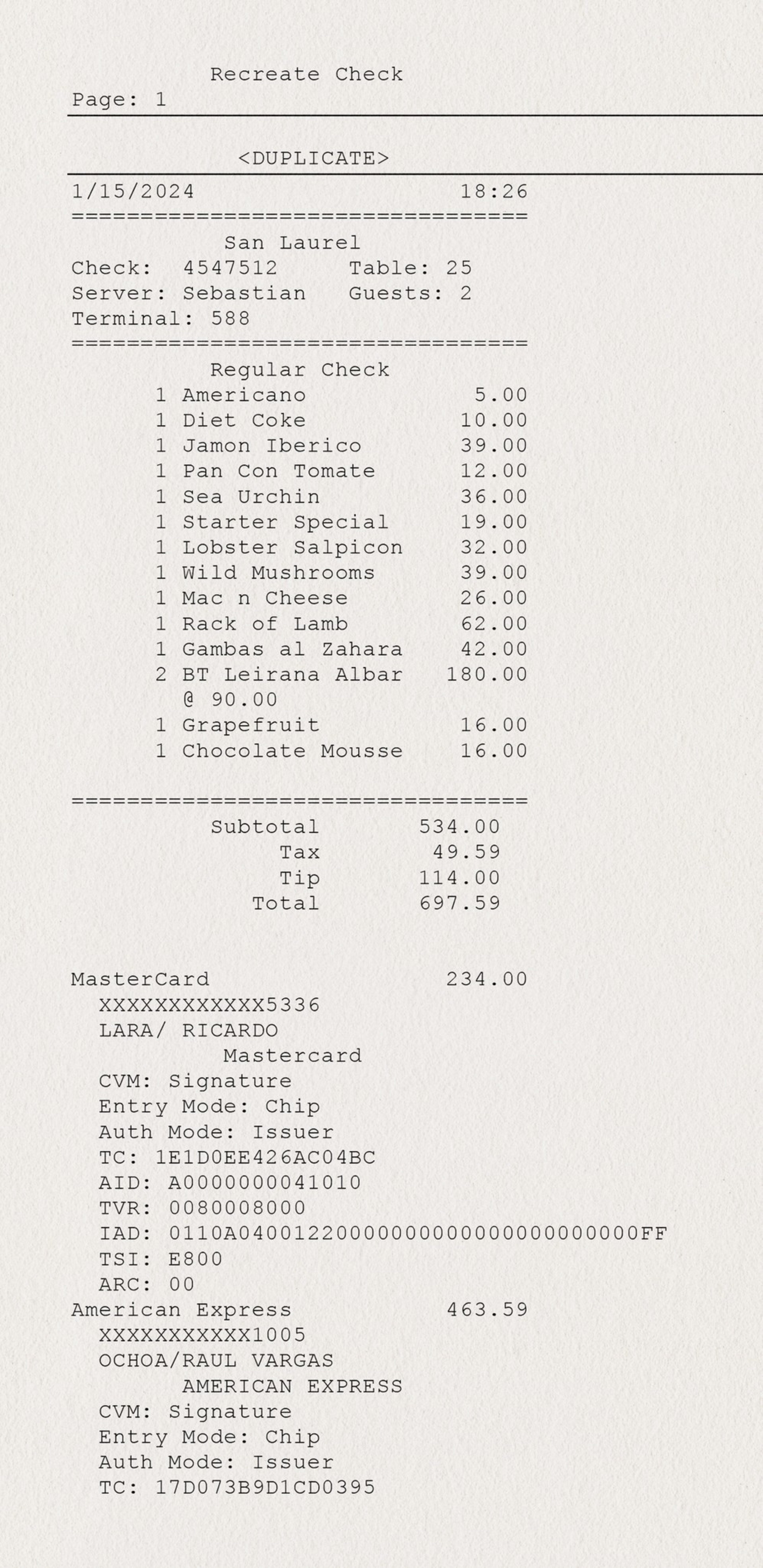 The image shows a receipt from San Laurel restaurant dated 1/15/2024. It lists various food items and drinks with their prices, totaling $697.59.