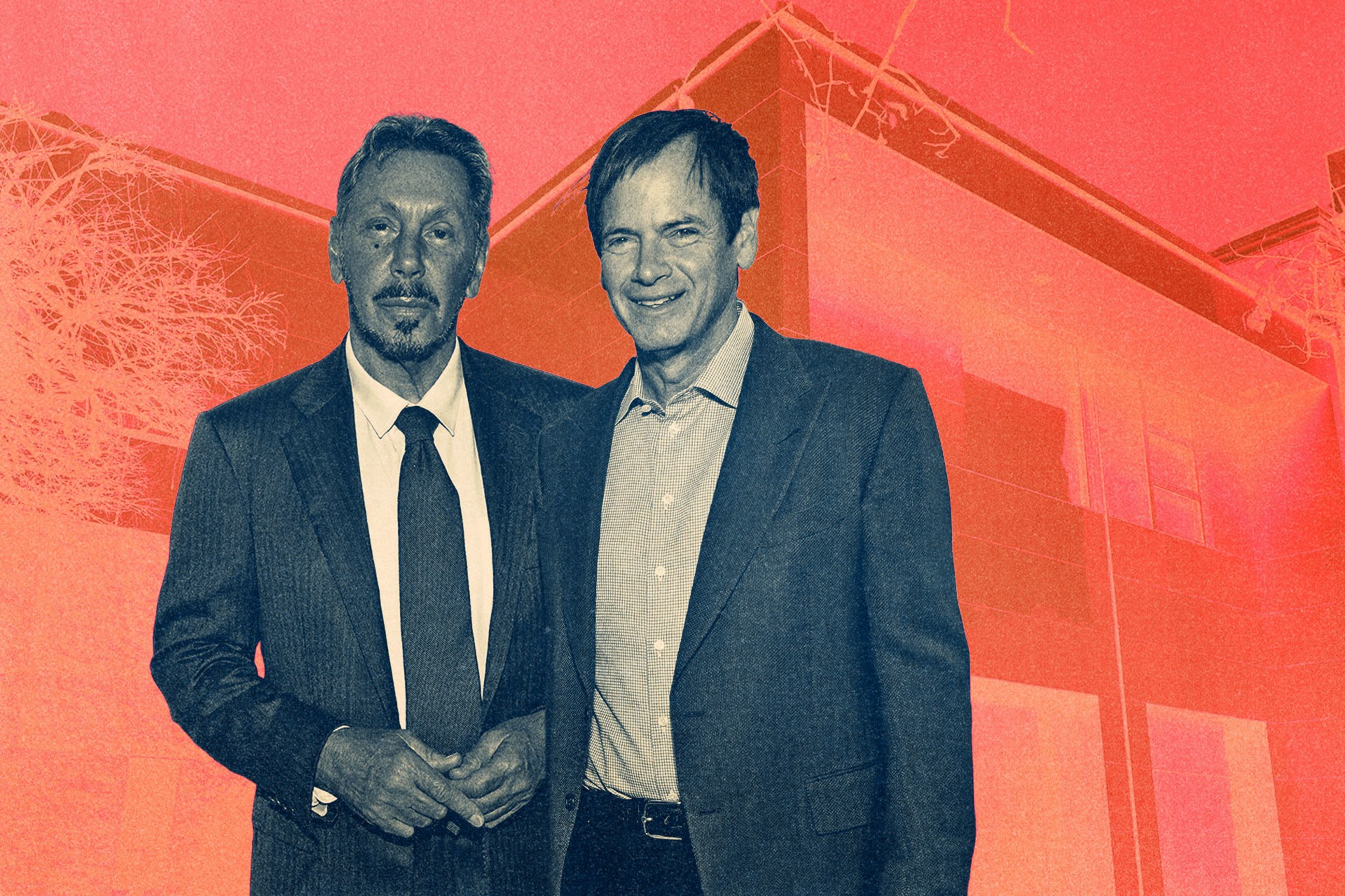 Two men in suits stand side by side in front of a modern building with a red-orange filter overlaying the image.