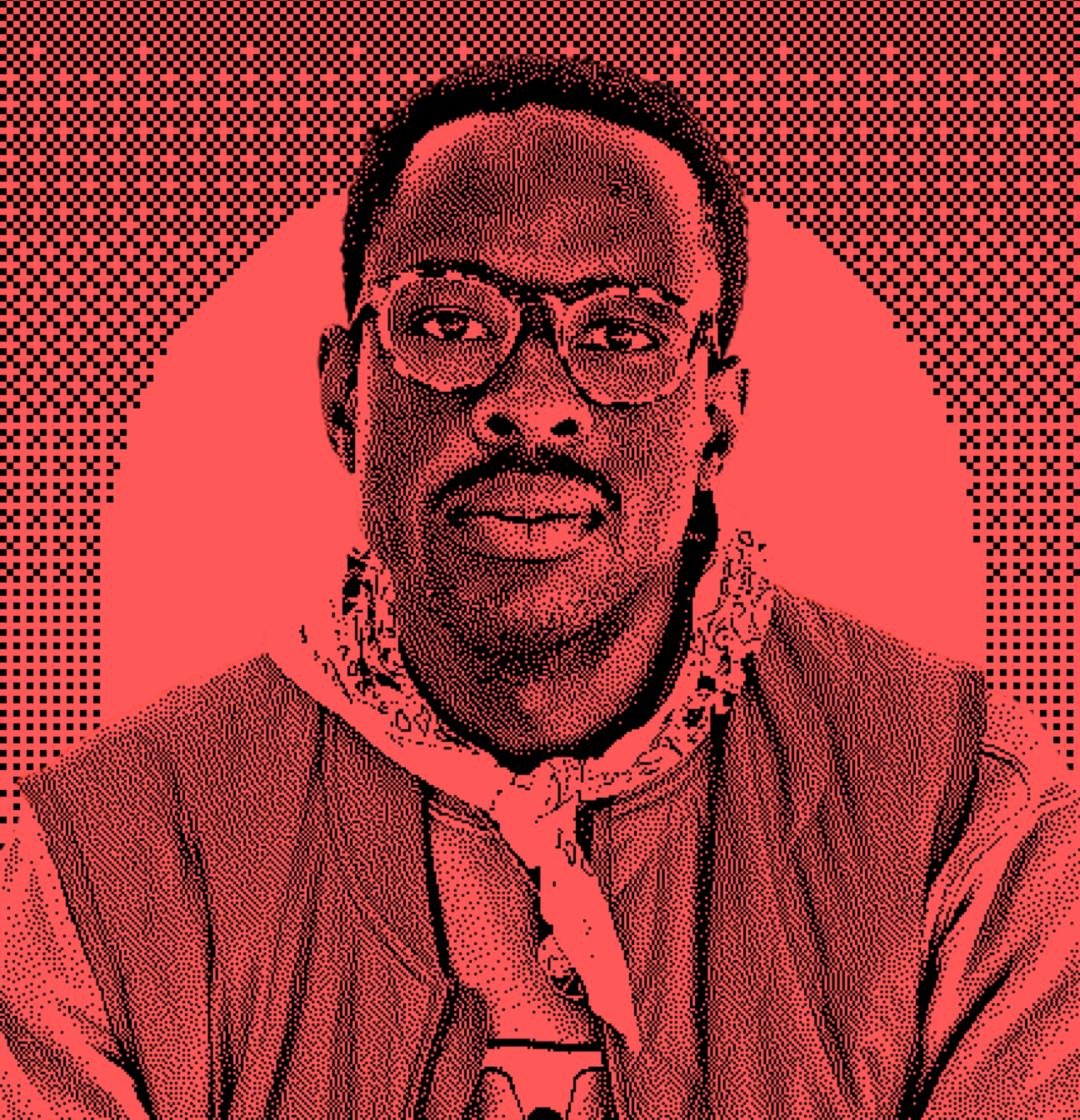 The image shows a stylized, halftone portrait of a person wearing glasses and a patterned scarf. The color scheme is red and black, with a dot pattern background.