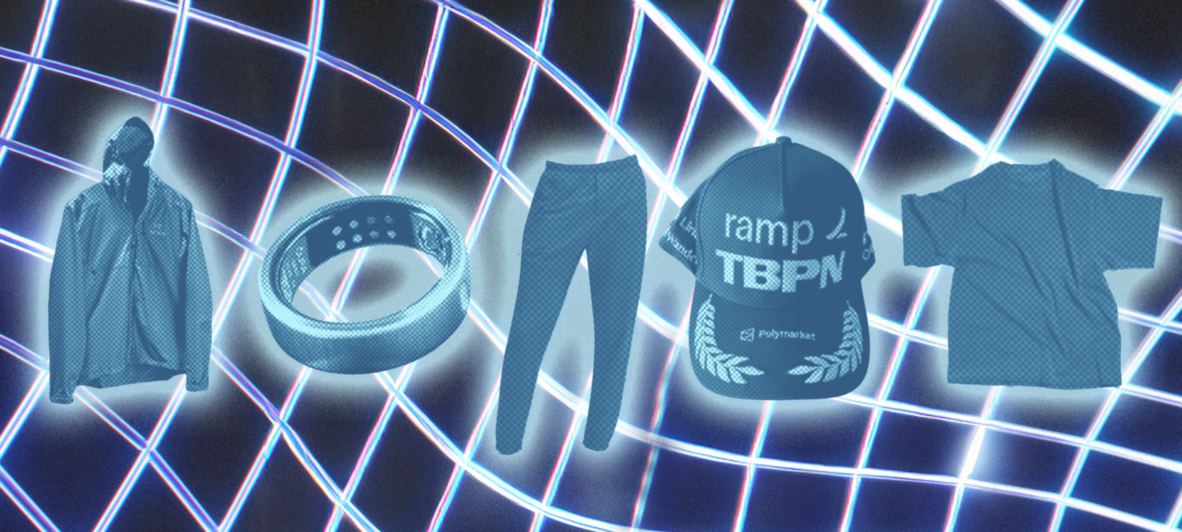 A blue shirt, a ring, blue jeans, a black cap with white text, and a blue short-sleeve shirt are arranged side by side on a neon grid background.