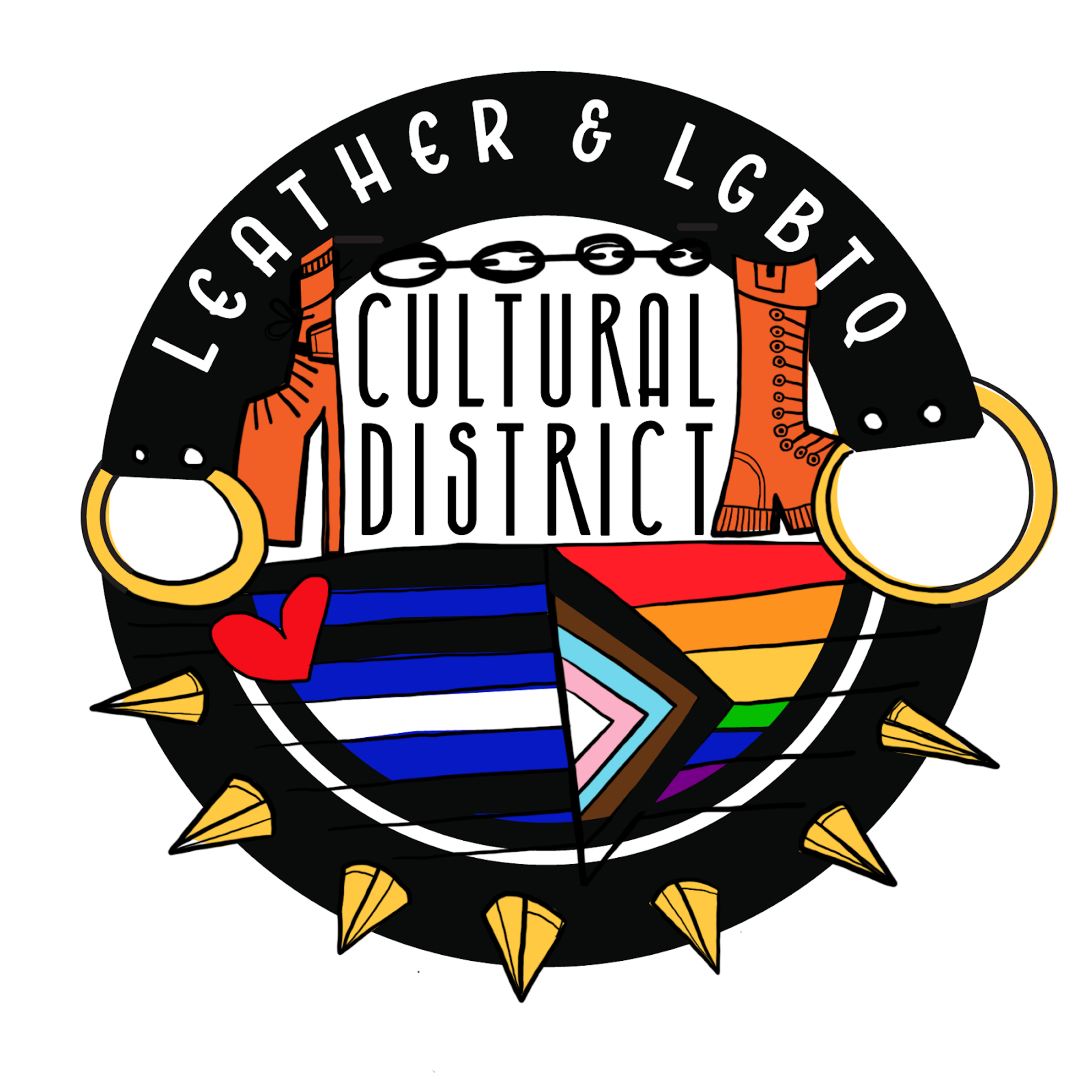 A circular emblem features the text "Leather & LGBTQ Cultural District" with orange boots, a chain, gold spikes, and a split pride flag with blue stripes and a rainbow pattern.