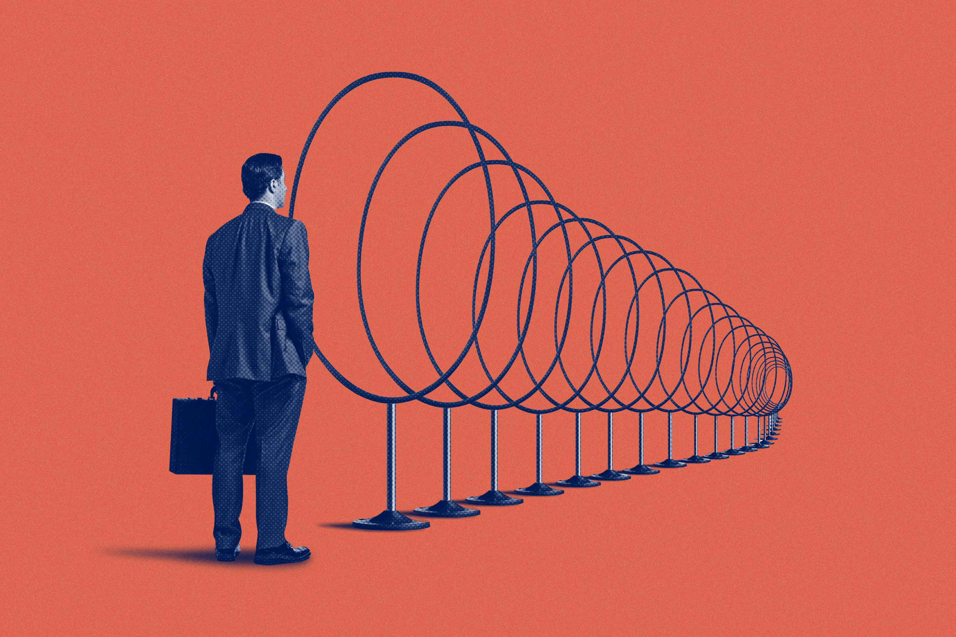 A photo illustration of a business man jumping through hoops.