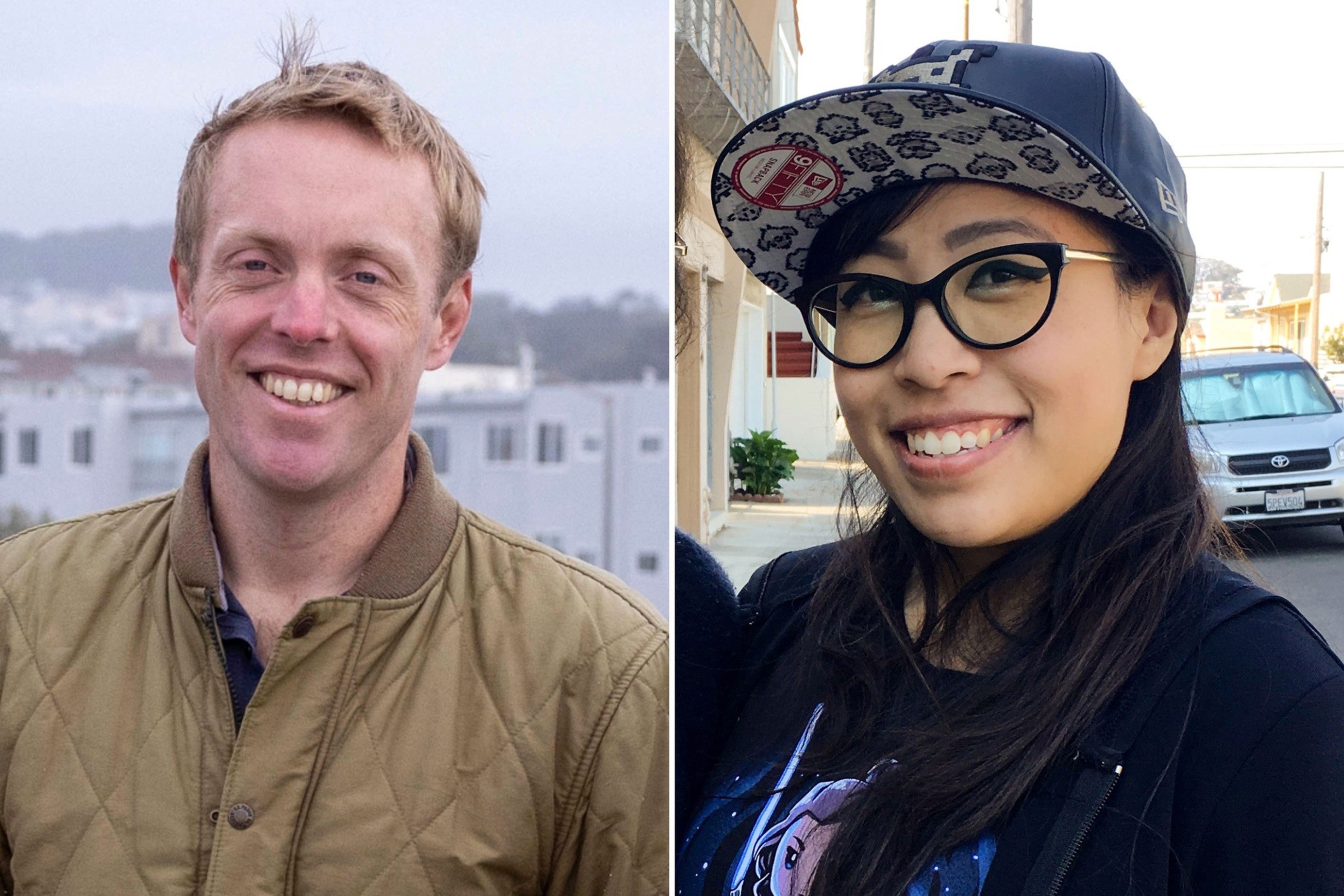 A man with short blond hair smiles wearing a brown quilted jacket outdoors, while a woman with long dark hair, glasses, and a cap smiles in a sunny street.