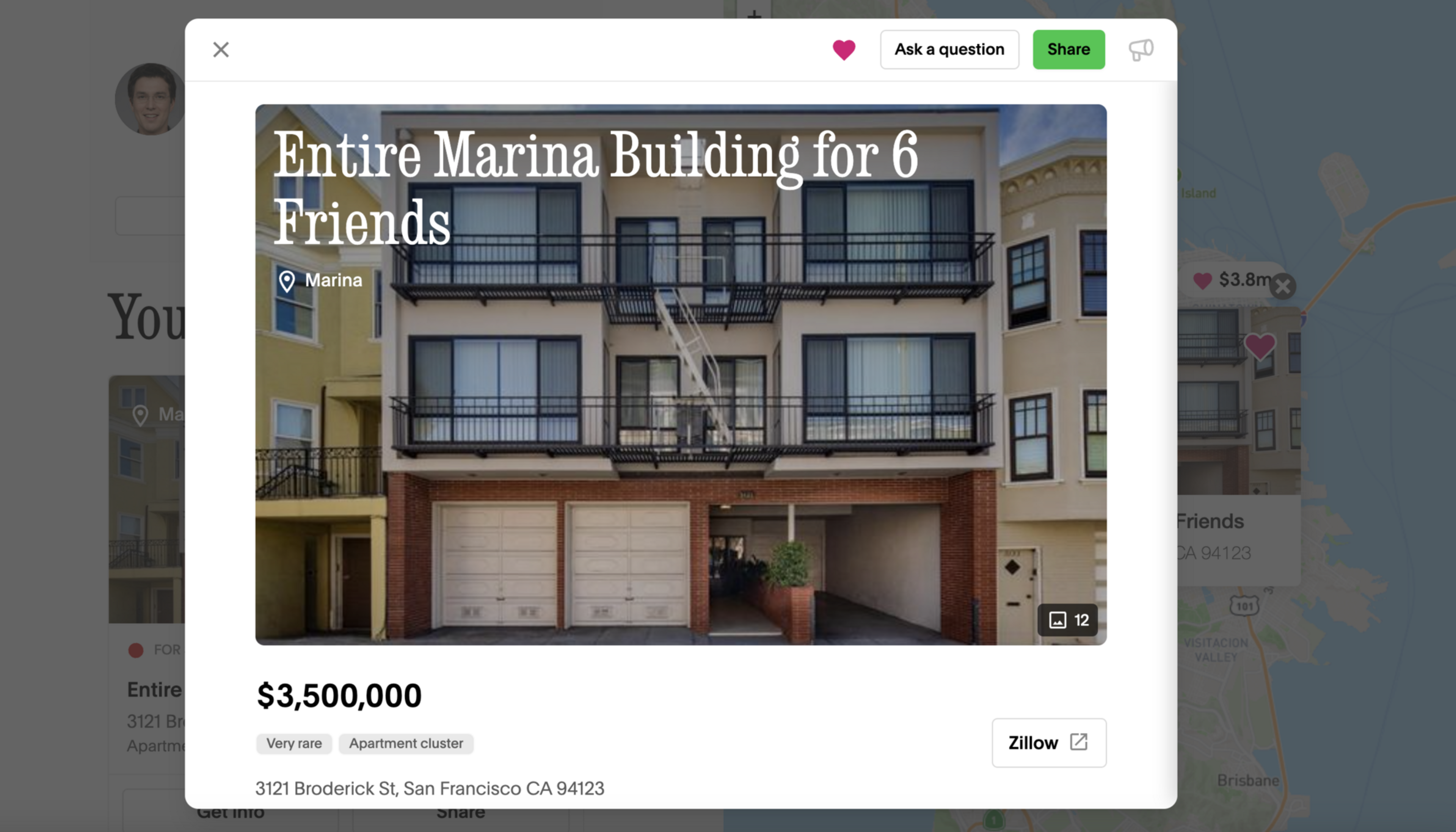 A listing for a three-story building with six large windows, fire escape, garage, and a price of $3.5 million on Zillow in San Francisco, CA, labeled &quot;Very rare&quot;.