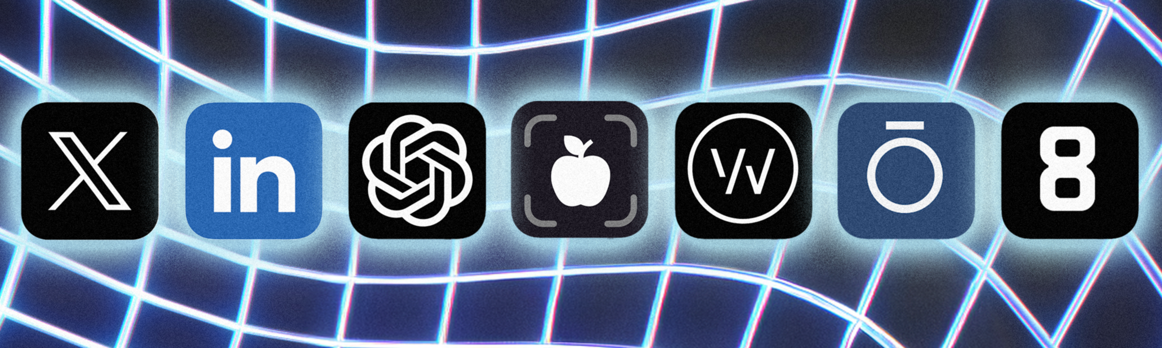 Icons for the apps X, LinkedIn, ChatGPT, BeReal, Worldcoin, Uncircle, and 8kun are shown in a row over a blue grid background.