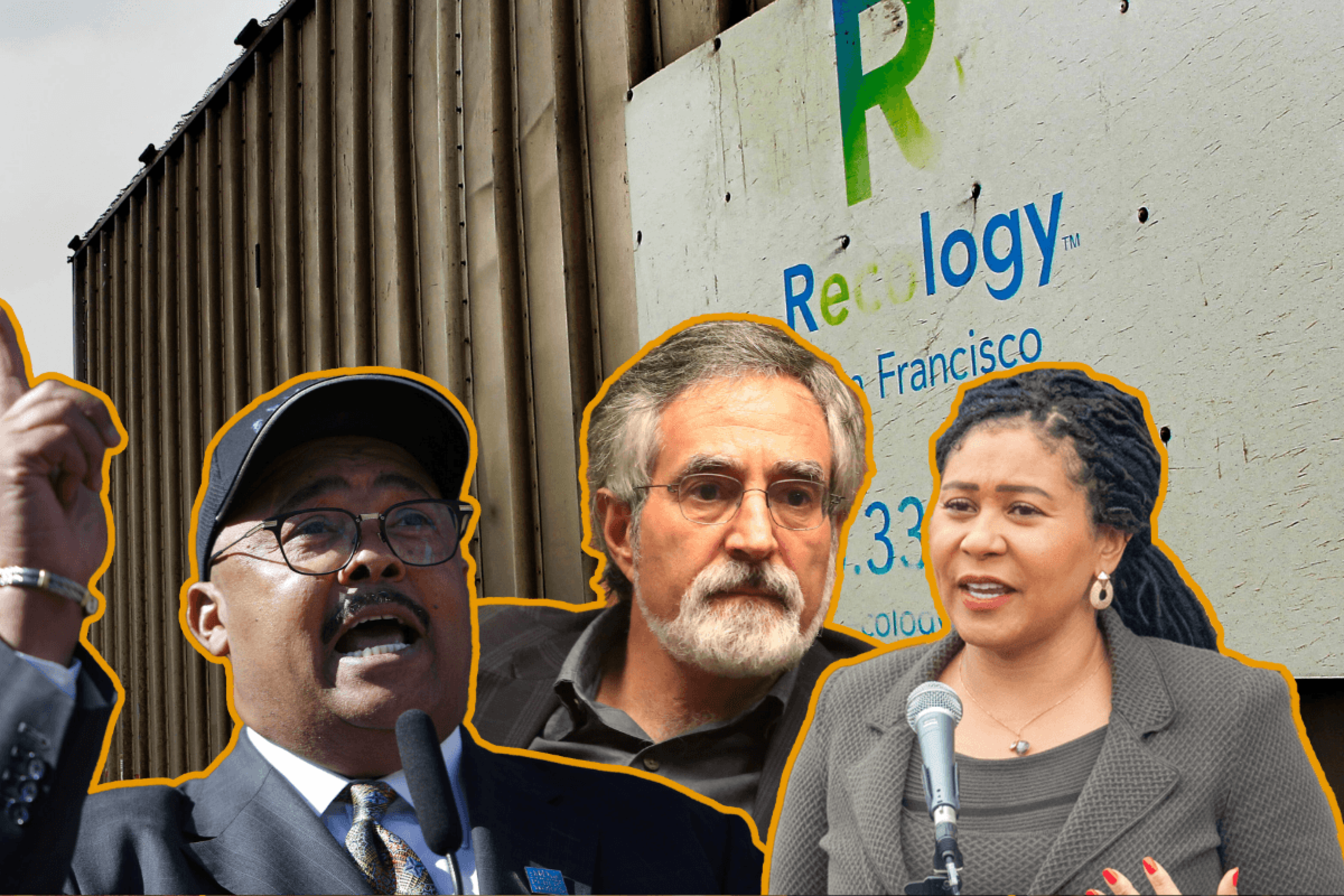 Three people, two men and one woman, are speaking in front of a wall with a "Recology San Francisco" sign behind them.