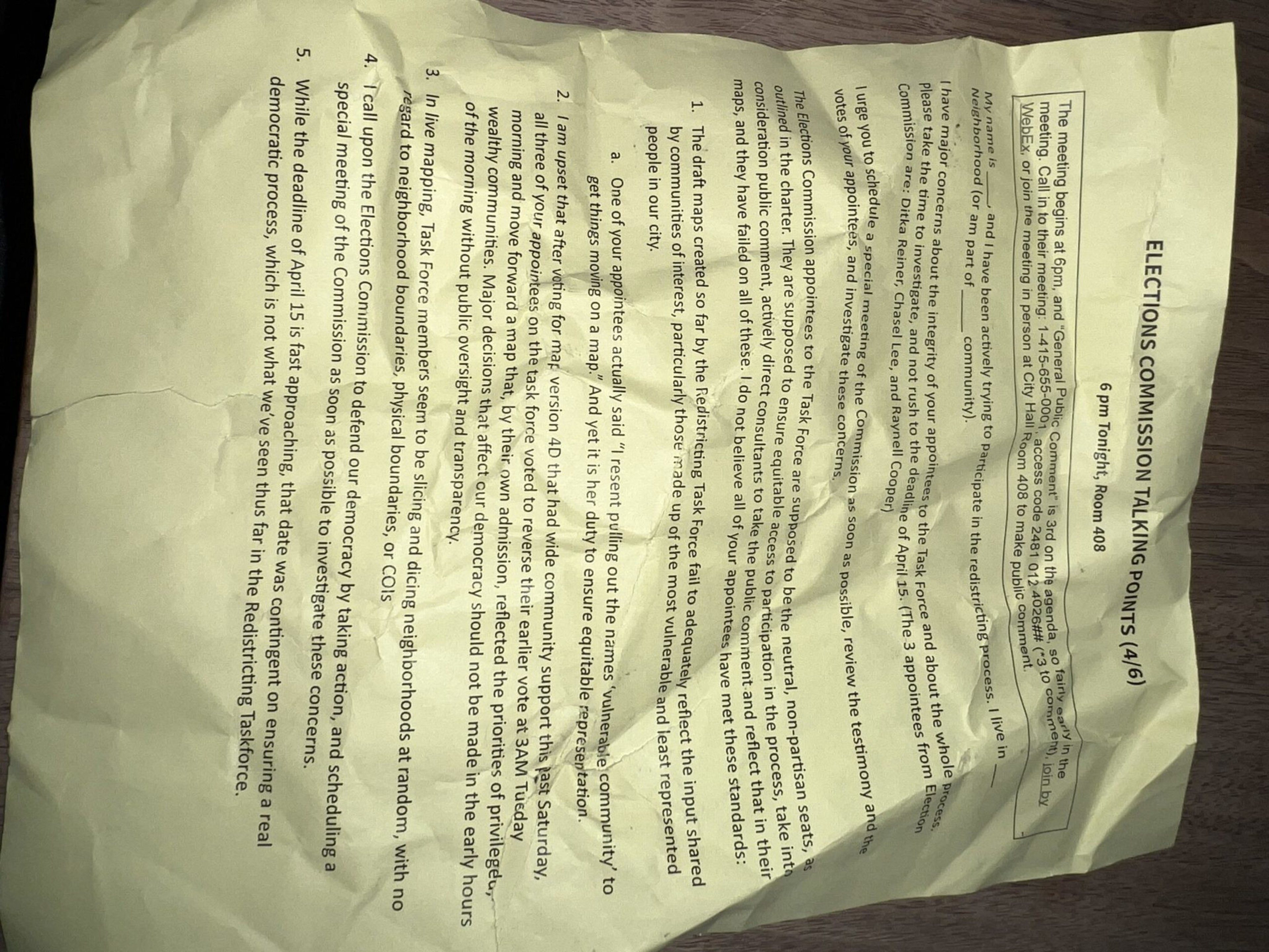 The paper lists Election Commission talking points about redistricting, task force meetings, public testimony, and concerns over fairness and transparency.