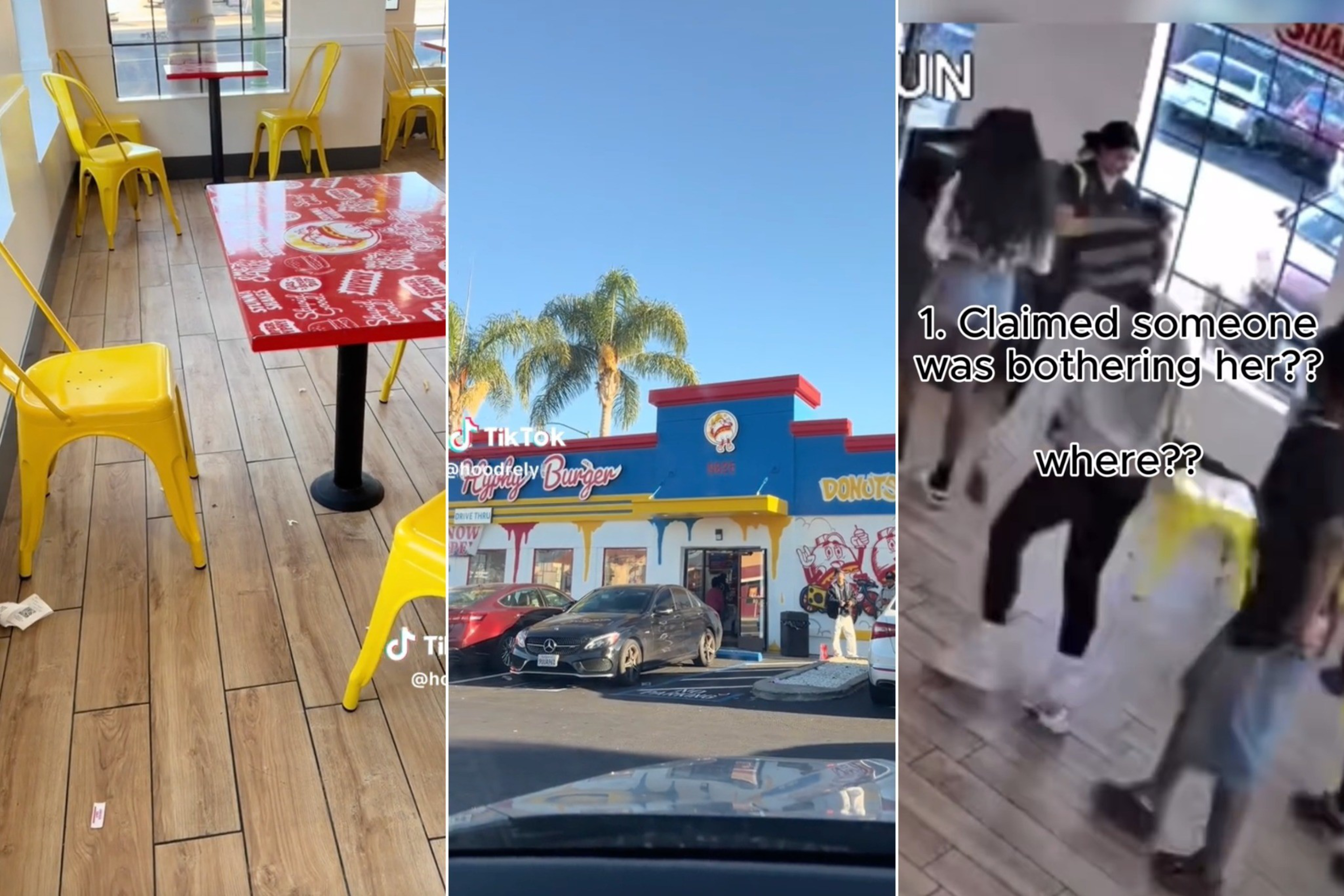 A fast-food restaurant with yellow chairs and red tables, a parking lot with cars and palm trees, and people walking inside with text questioning a complaint.