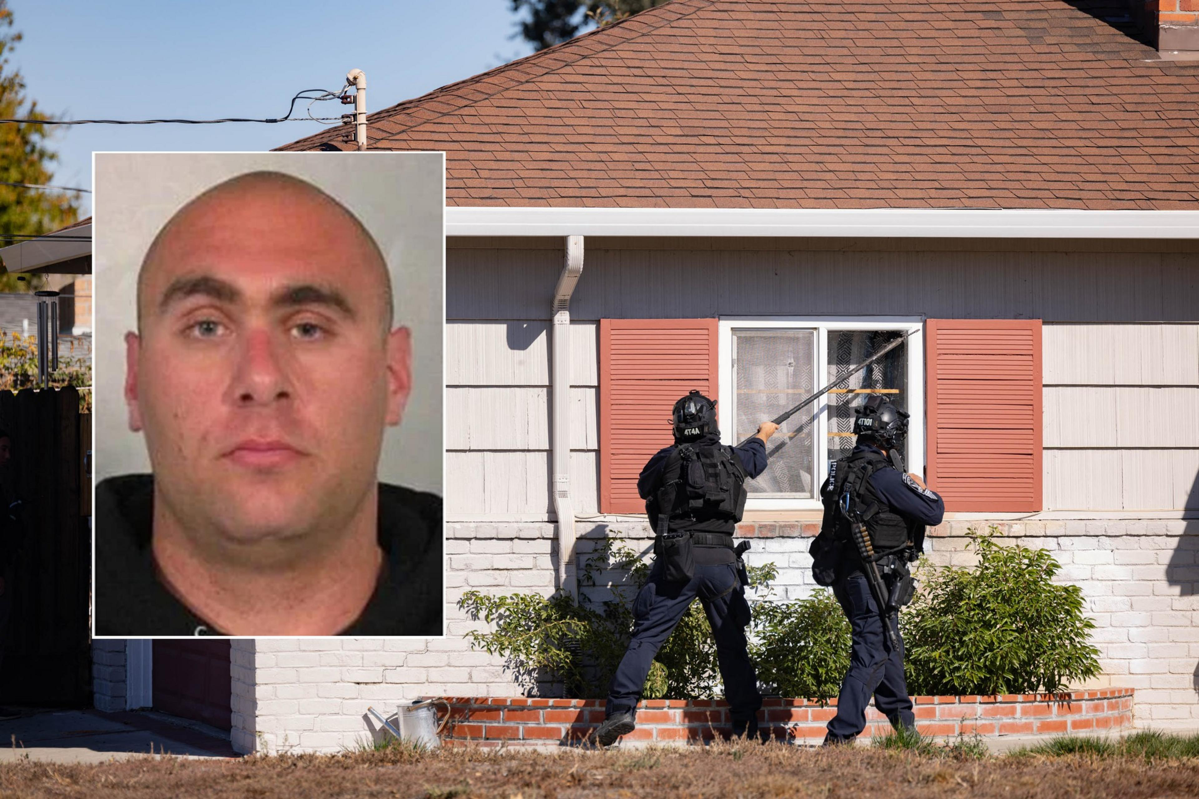 Two heavily armed police officers stand outside a house; one uses a battering ram on a window. A mugshot of a bald man is inset in the top left corner.