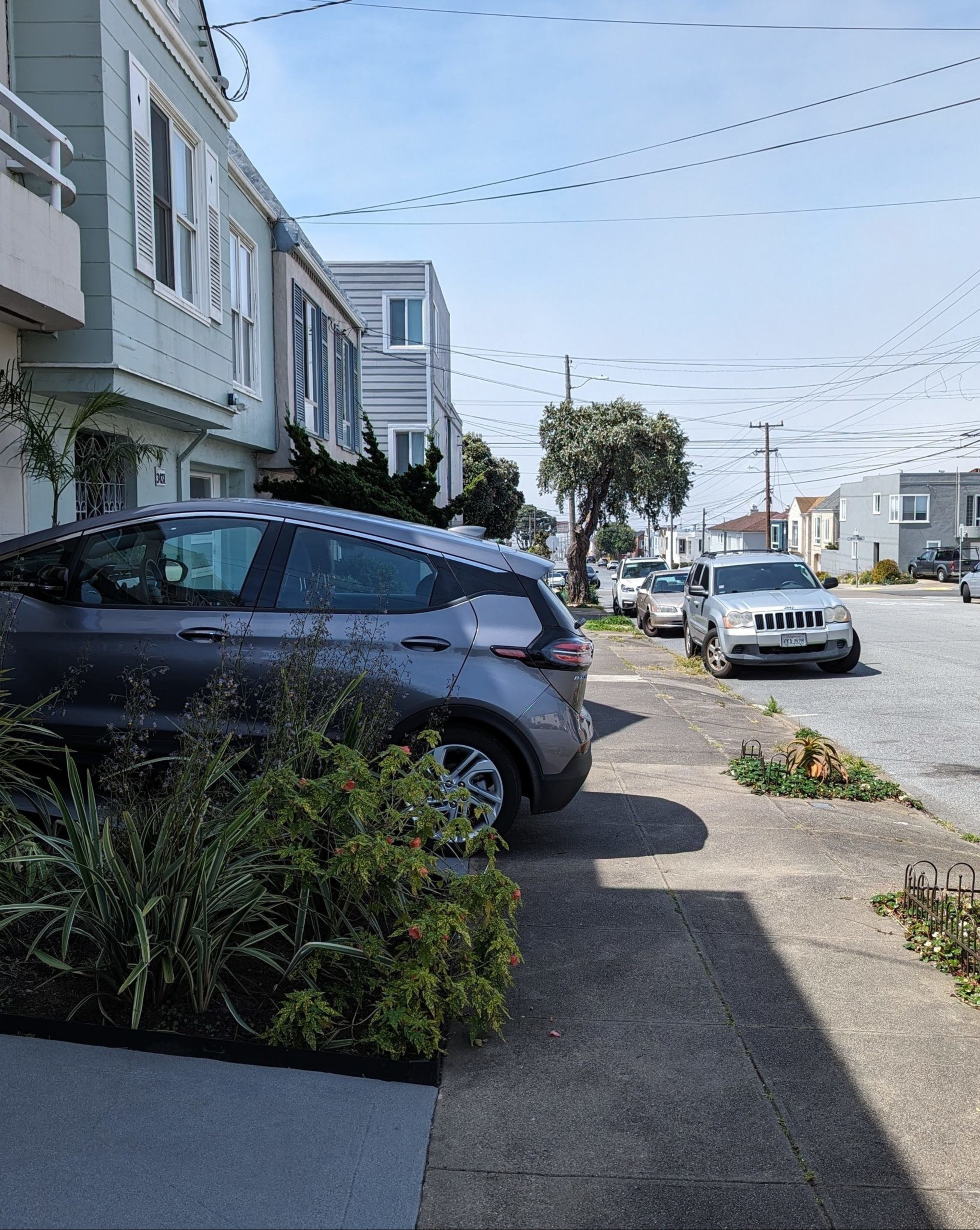 A sunny street lined with houses and parked cars, with greenery and a clear blue sky.