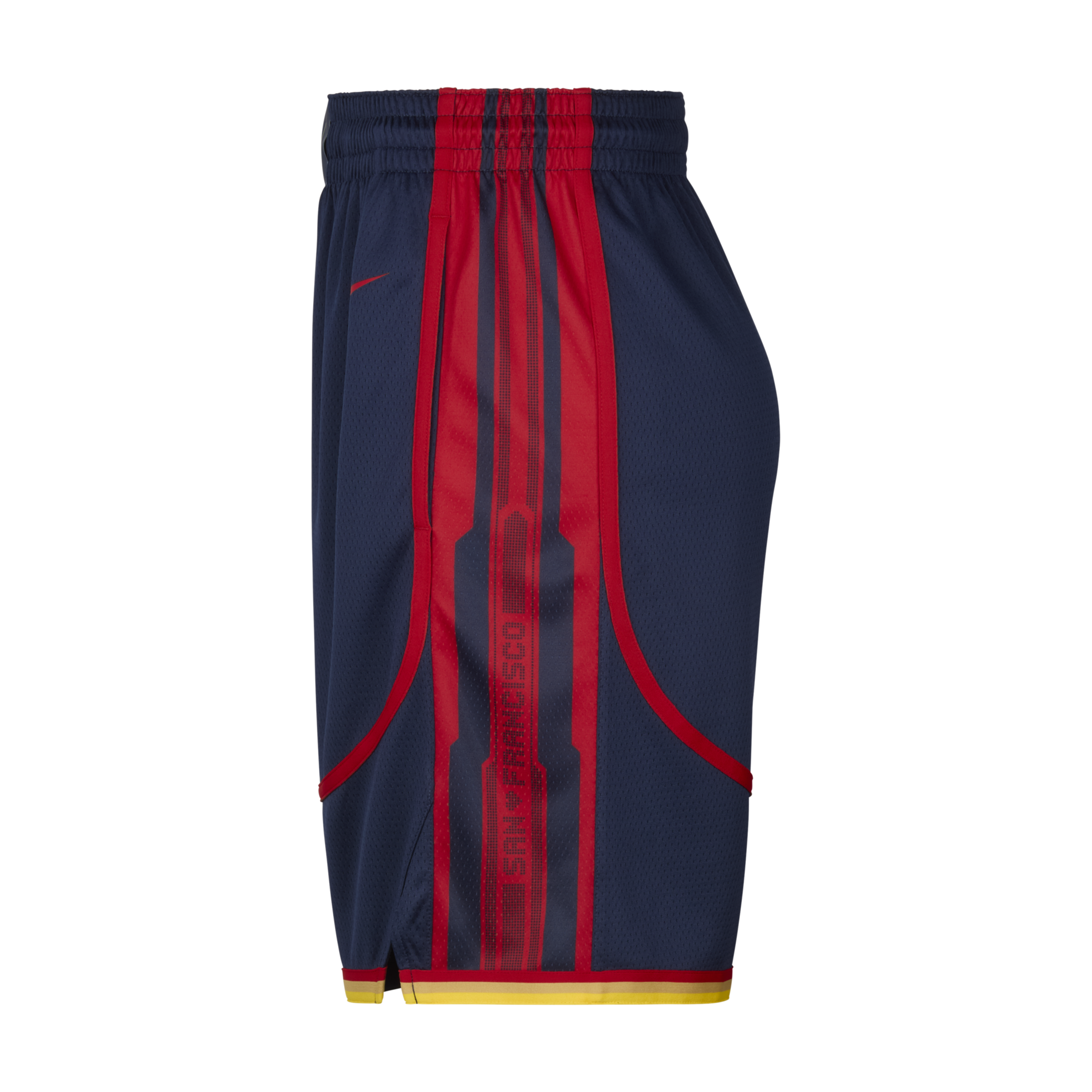 These are athletic shorts with a dark blue base, featuring bold red vertical stripes and the word &quot;San Francisco&quot; printed on the side.