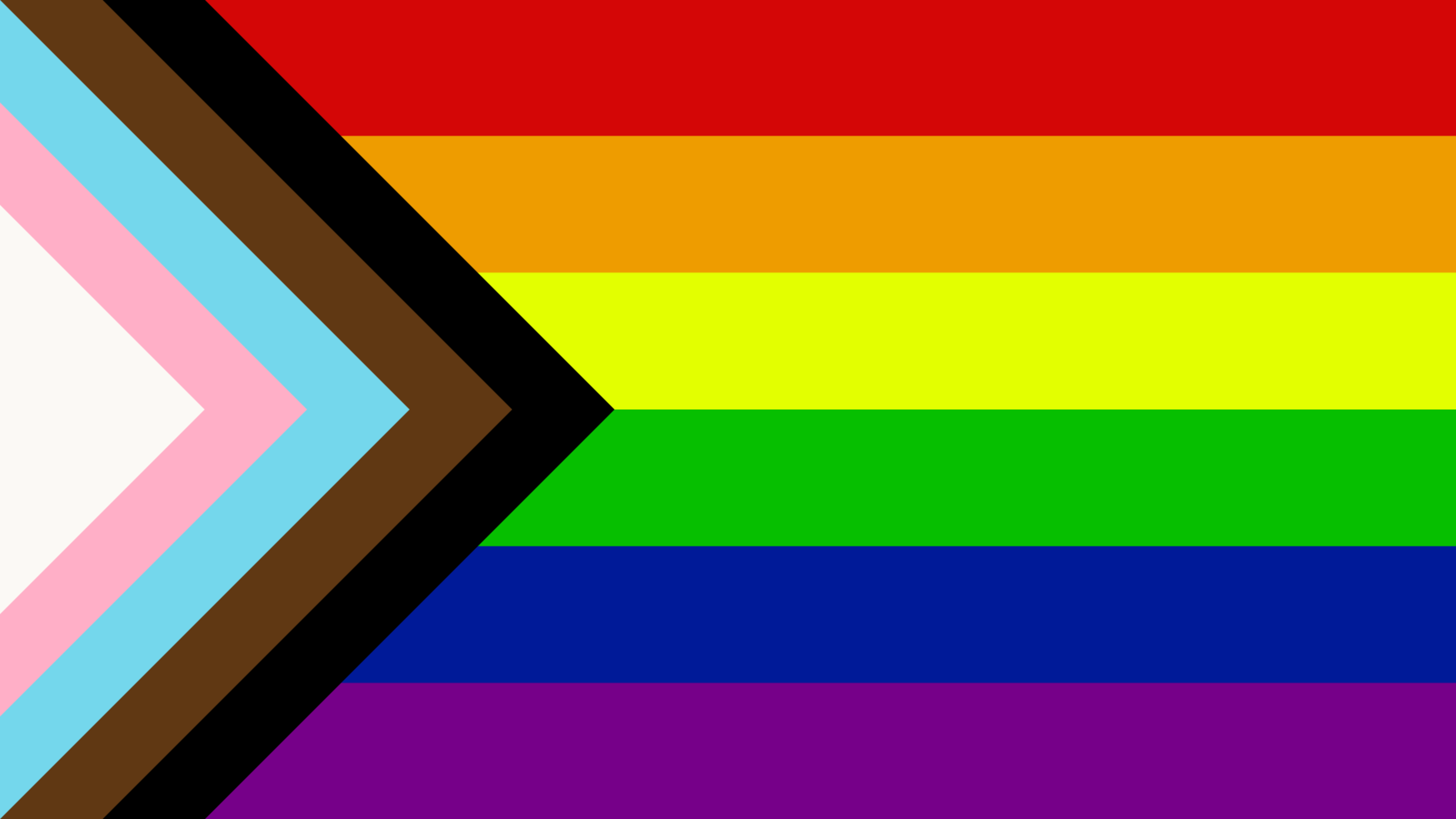 A rainbow flag with six horizontal stripes, plus a chevron on the left containing white, pink, light blue, brown, and black stripes.