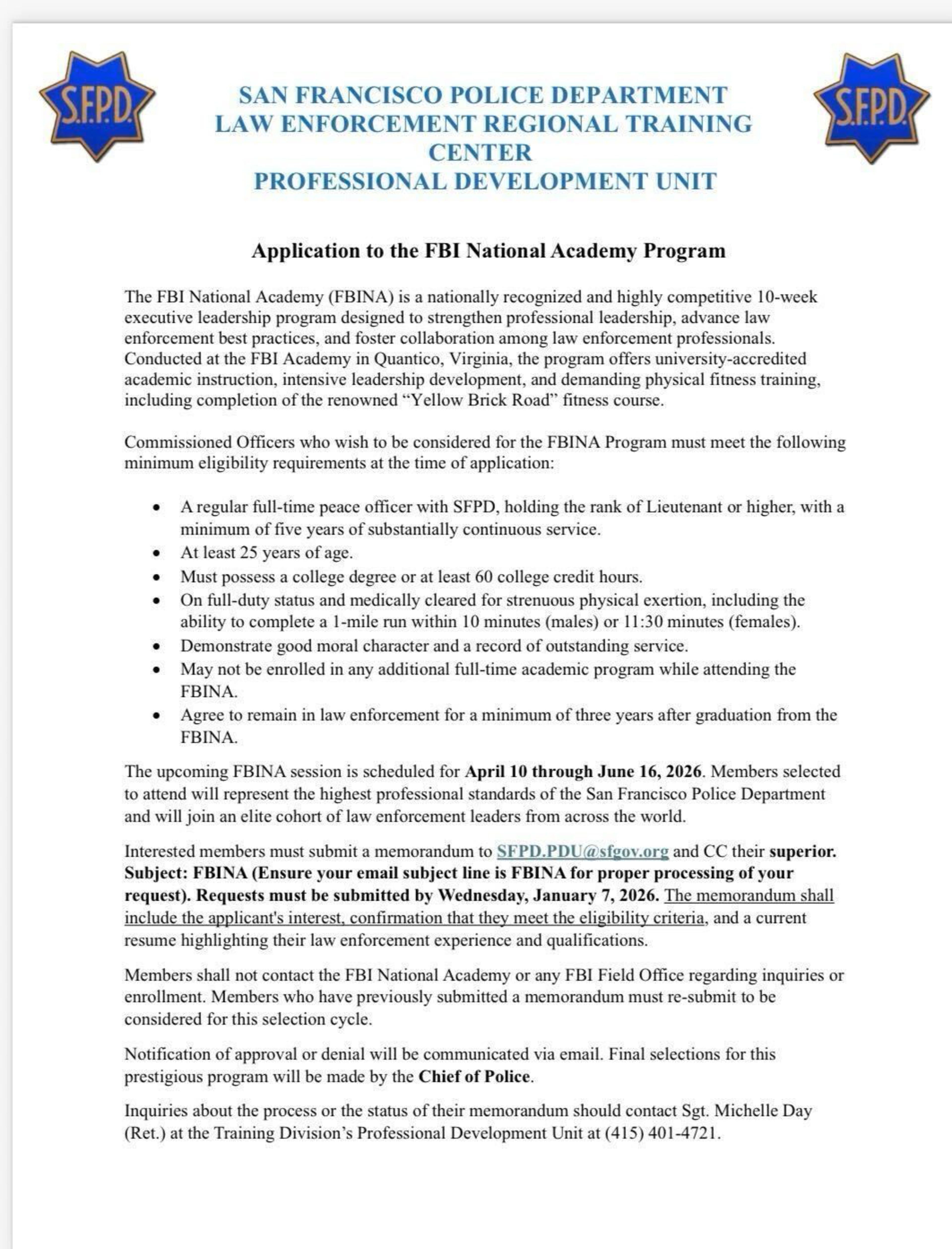 San Francisco Police Department application for the FBI National Academy Program requires specific eligibility, a January 7, 2026 deadline, and offers leadership training.