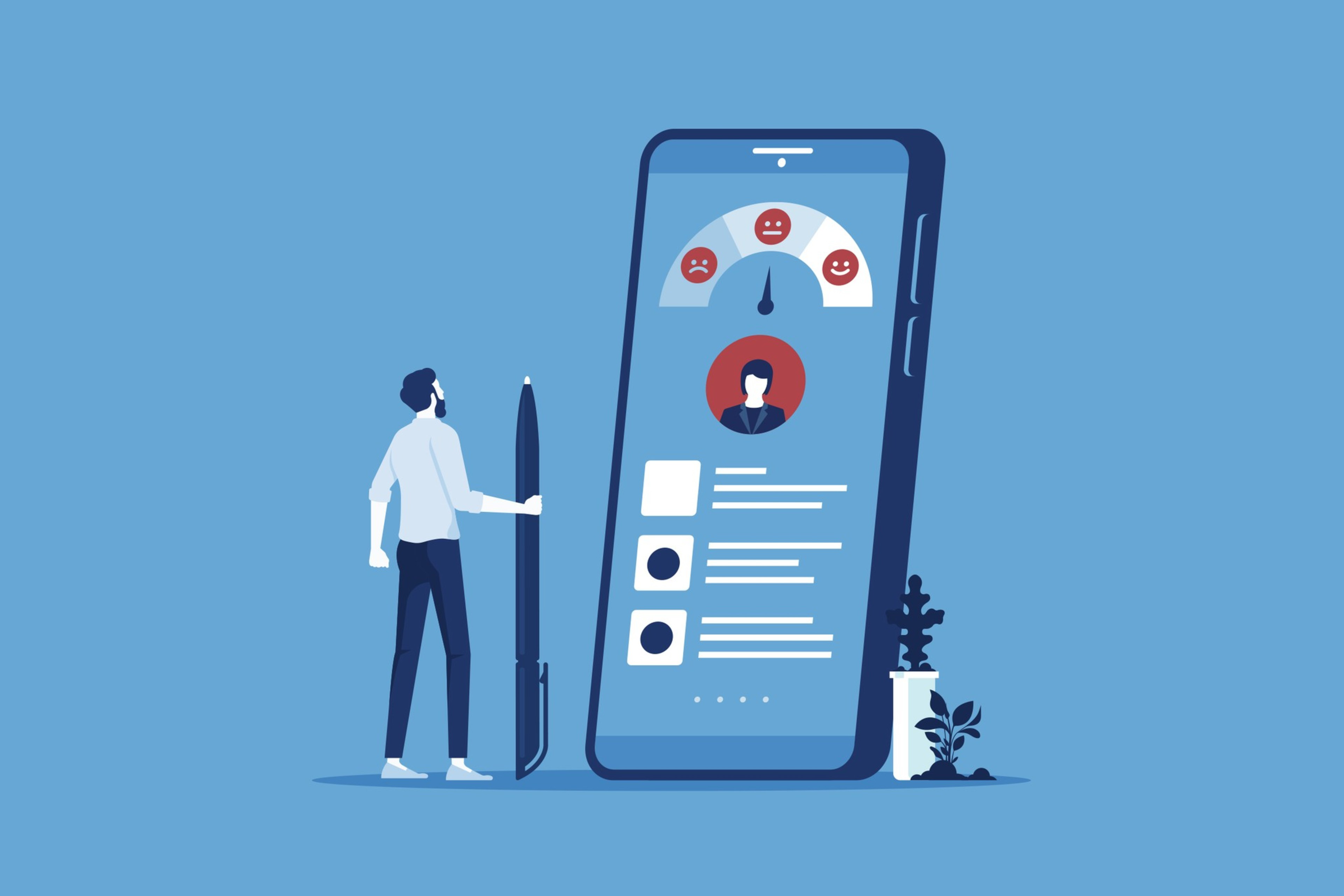 An illustration of a person looking at an iphone app.