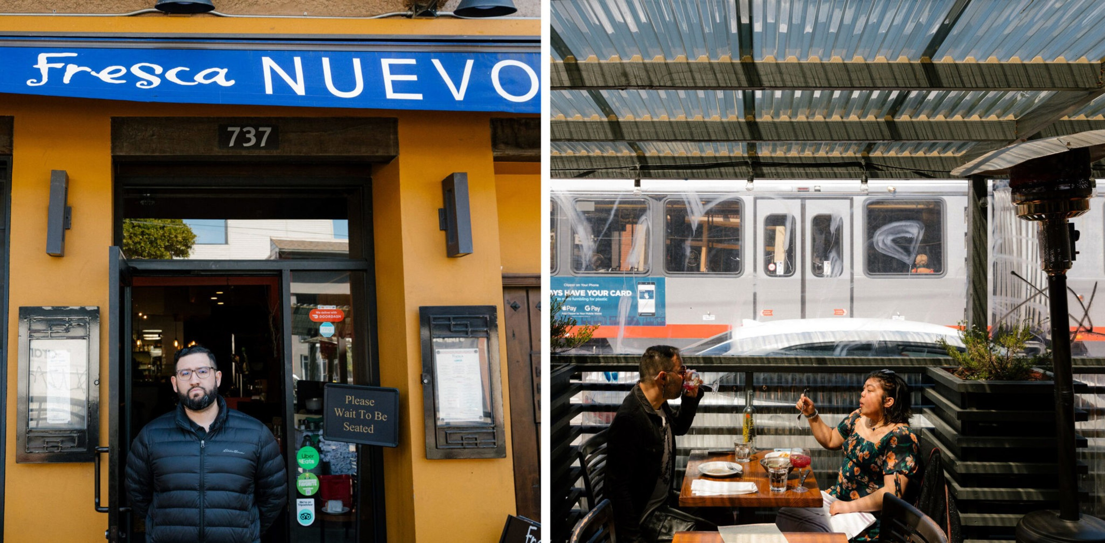 A man stands outside a yellow restaurant with a blue sign reading "Fresca Nuevo," while inside another photo shows two people dining with a bus passing outside.