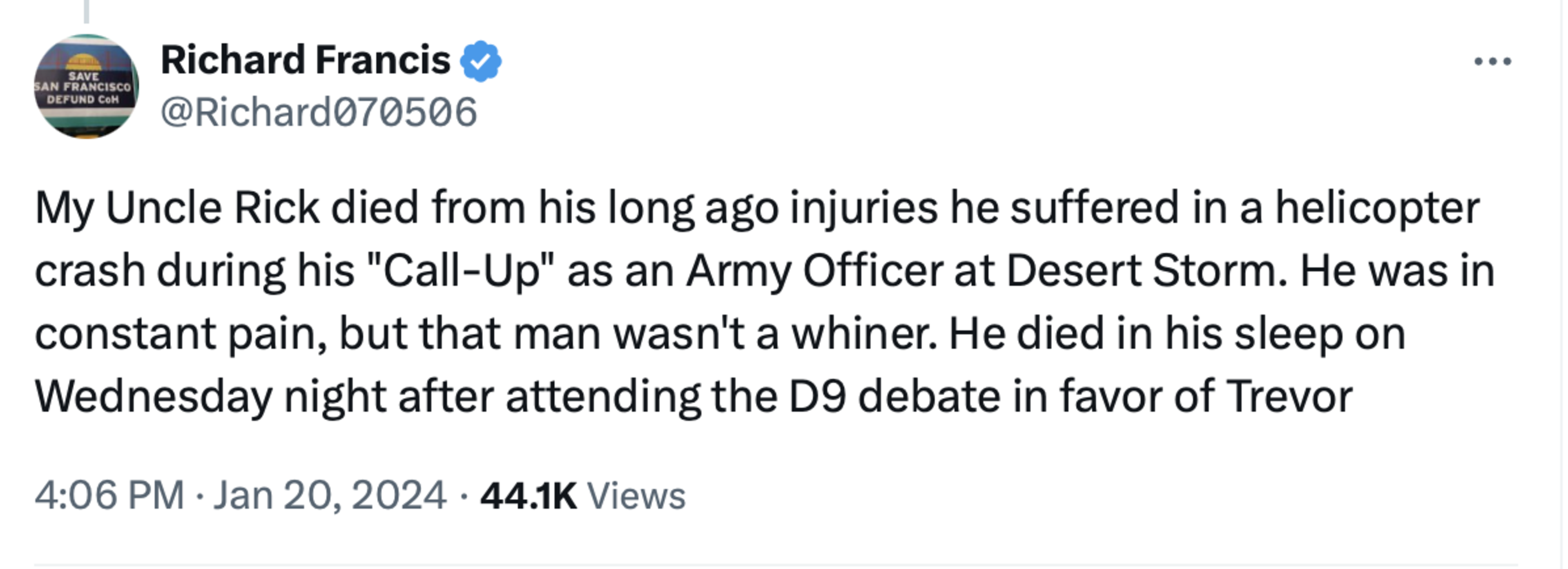 A screenshot of a person discussing the death of their alleged uncle on Twitter. 