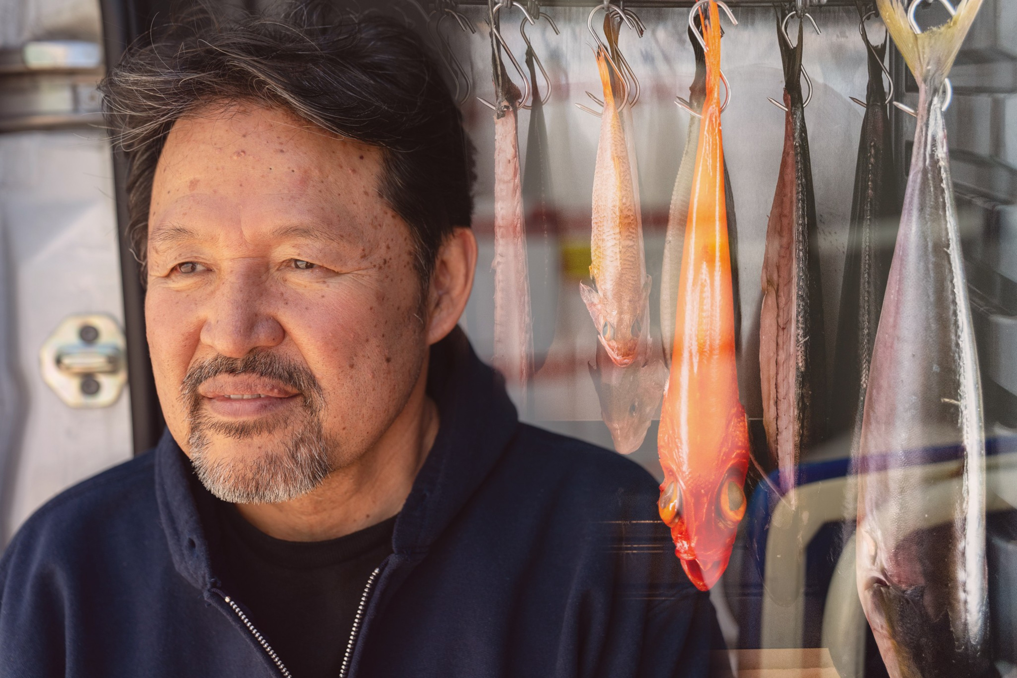A photo composite of Yoshimichi Takahashi, who leads the U.S. team of Japanese-based fish company Sakuskyu and fish being dried at Aikidoâ€™s on Wednesday.