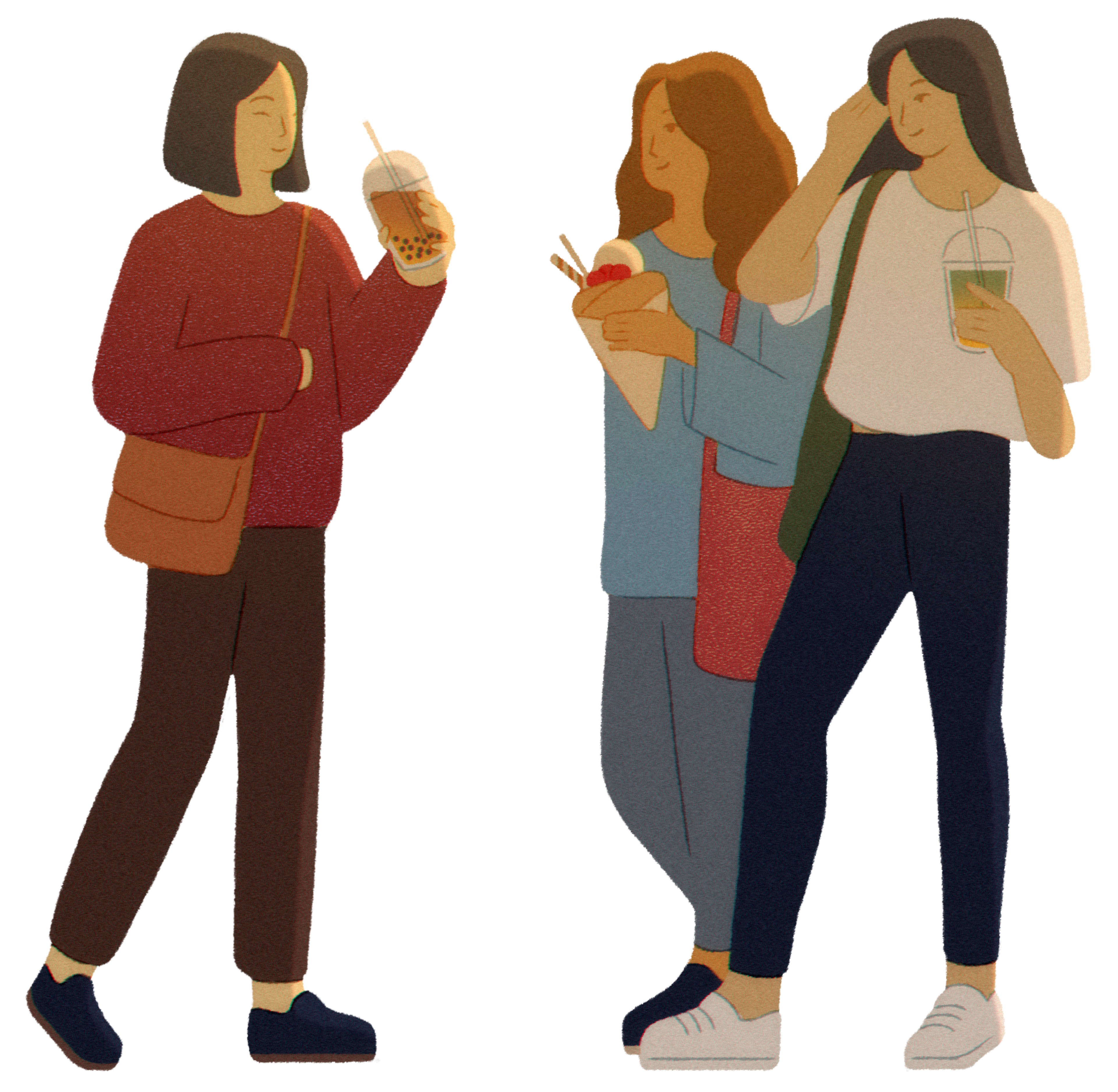 Three women stand together, each holding a drink or food item, dressed casually with shoulder bags and relaxed postures.