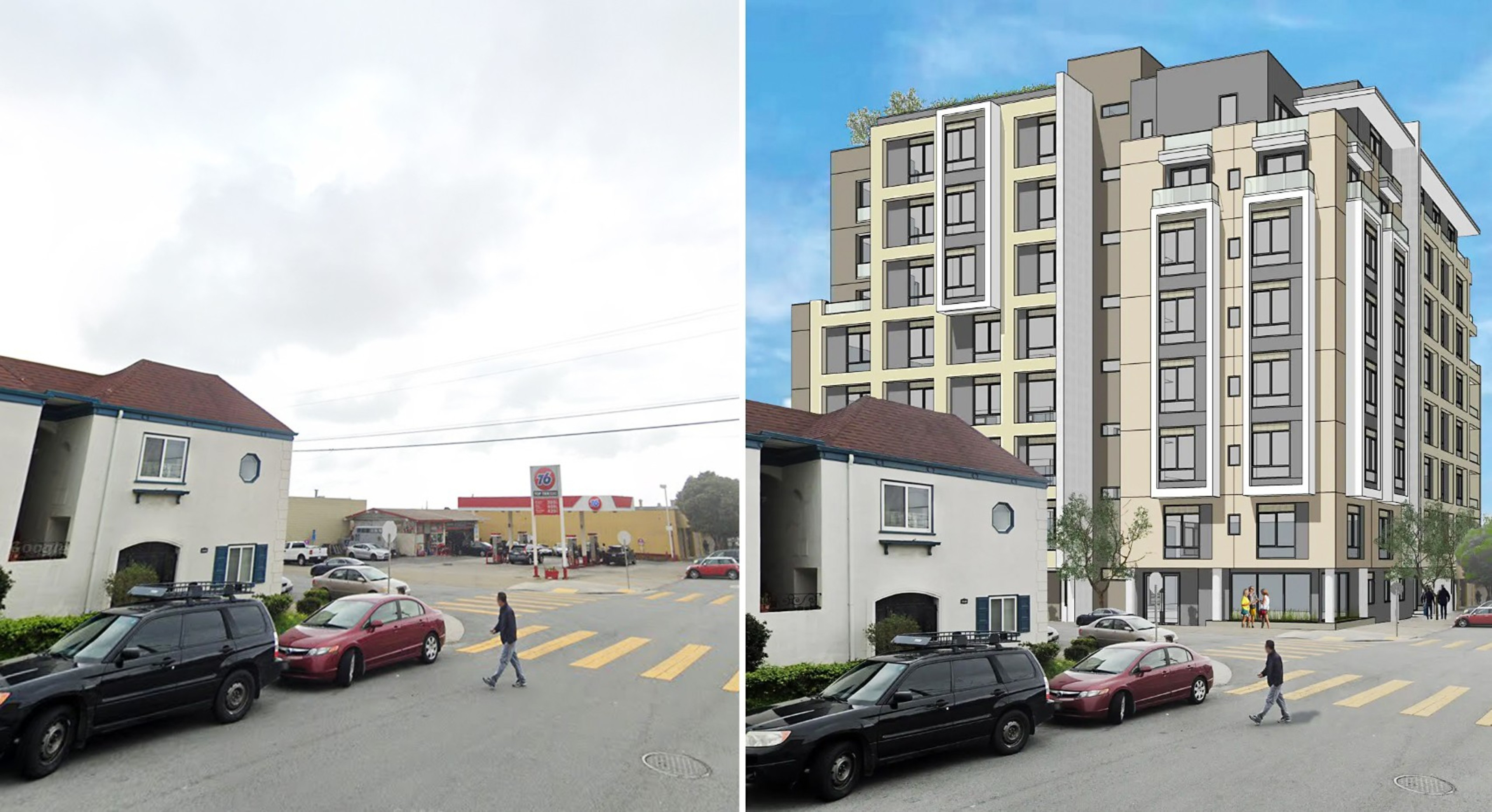 The image shows a side-by-side comparison of a street corner, with the left side displaying a gas station and the right side showing the same location replaced by a multi-story building.