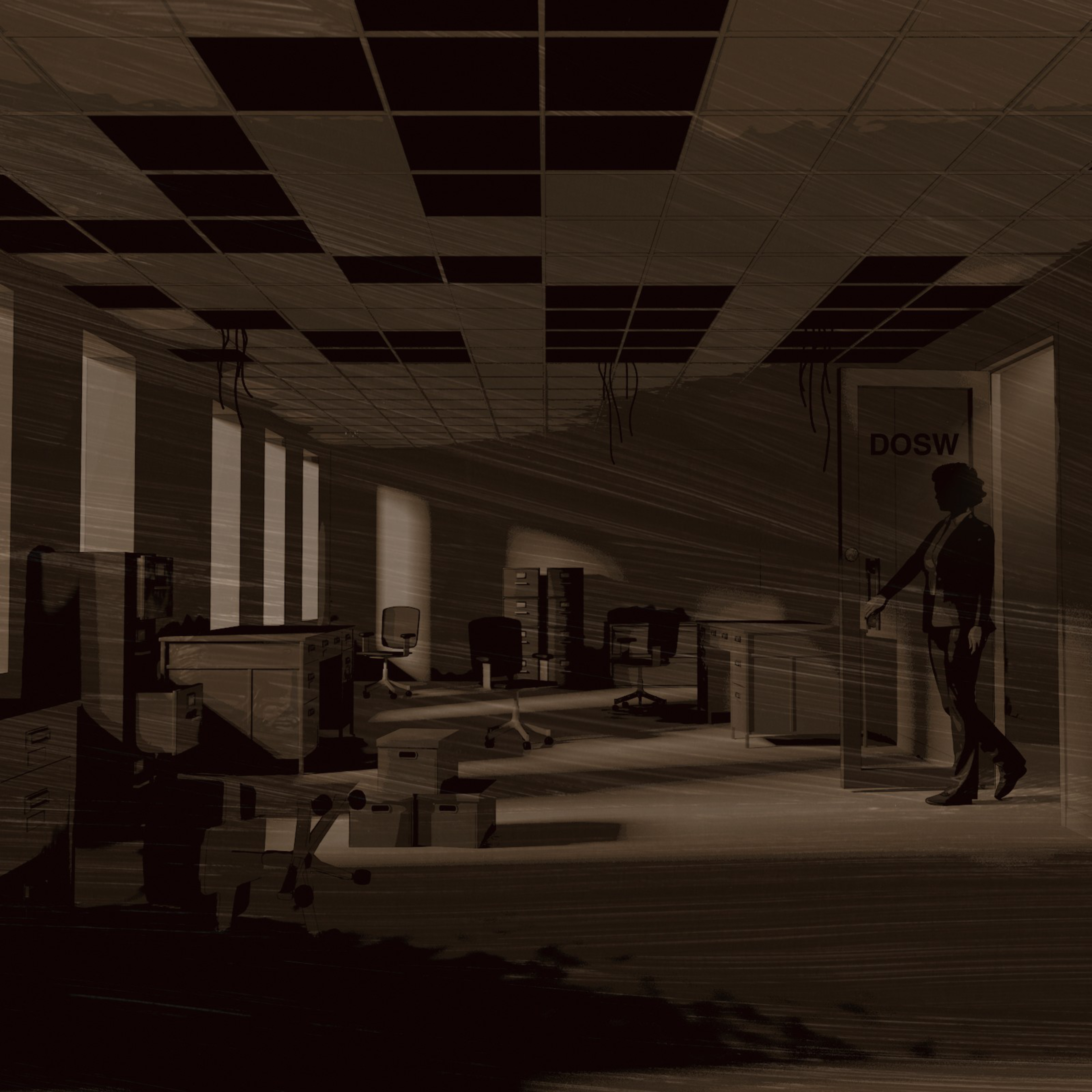 A dim office with disorganized furniture, scattered boxes, ceiling tiles missing, and a person standing at a door labeled “DOSW” holding the handle.
