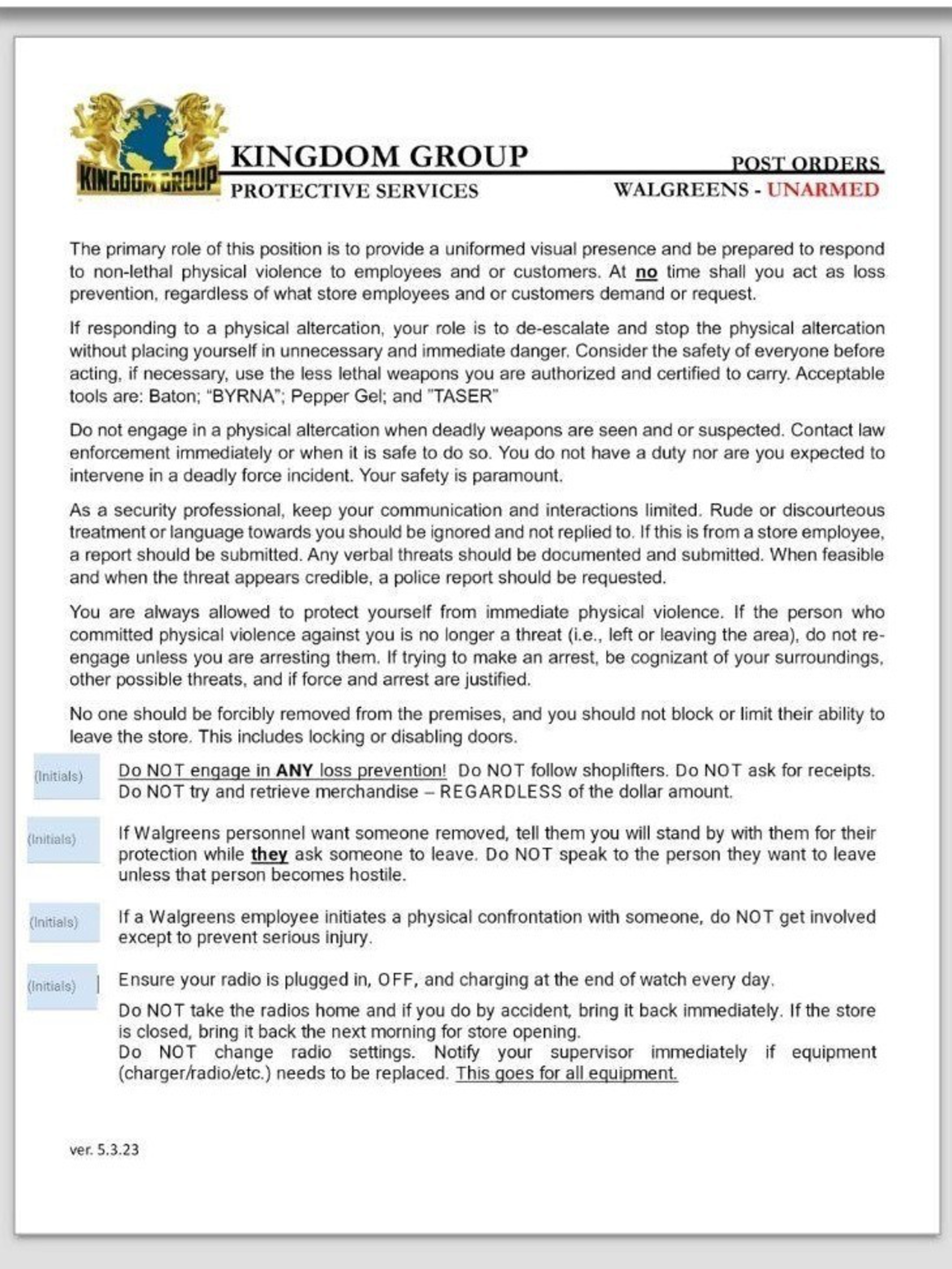 Instructions for Walgreens unarmed security by Kingdom Group emphasize de-escalation, use of non-lethal weapons only, no loss prevention or arrests, clear communication, and radio protocol.