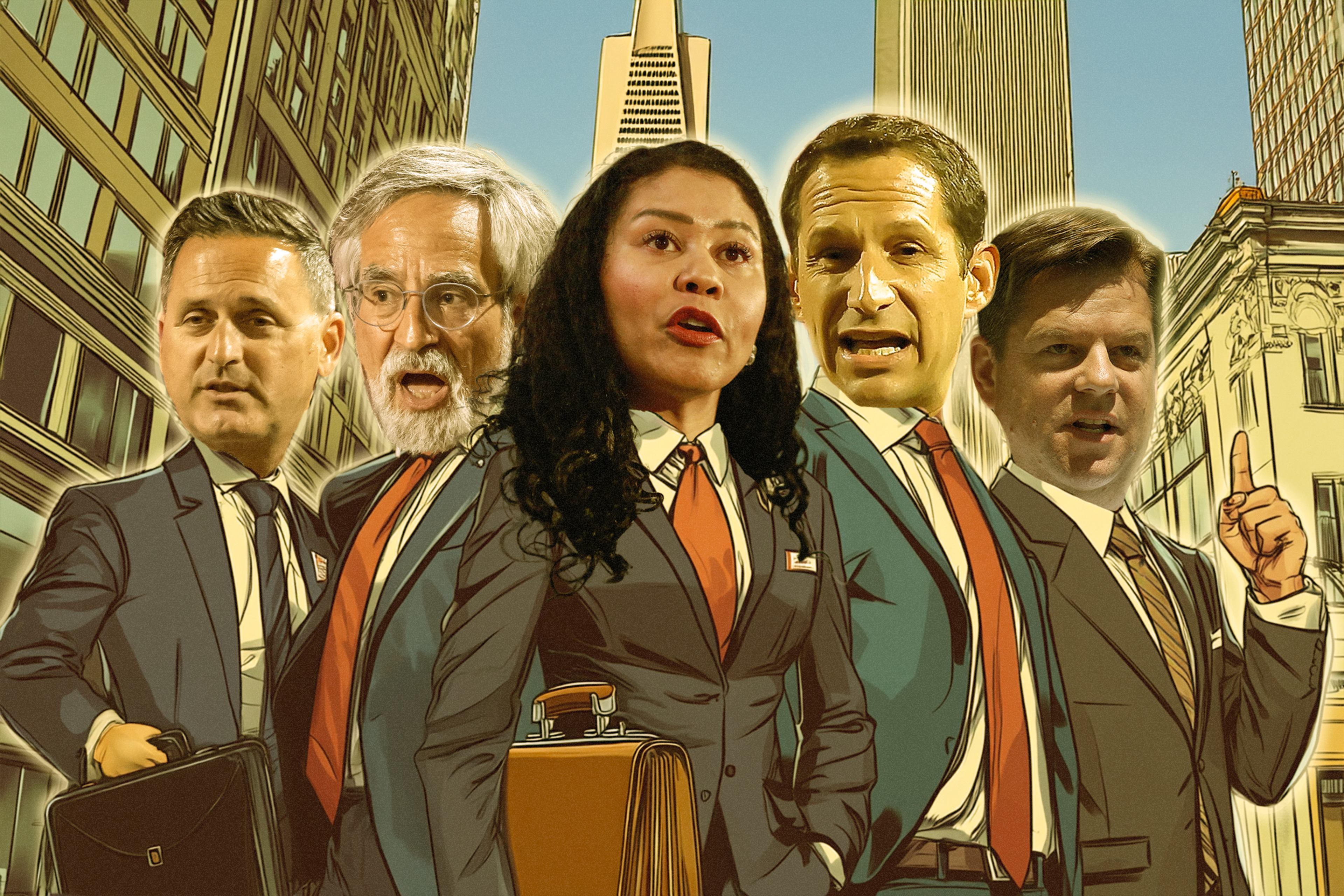 Five people in suits stand confidently in a cityscape, each holding or handling briefcases. The background features tall buildings and clear skies.