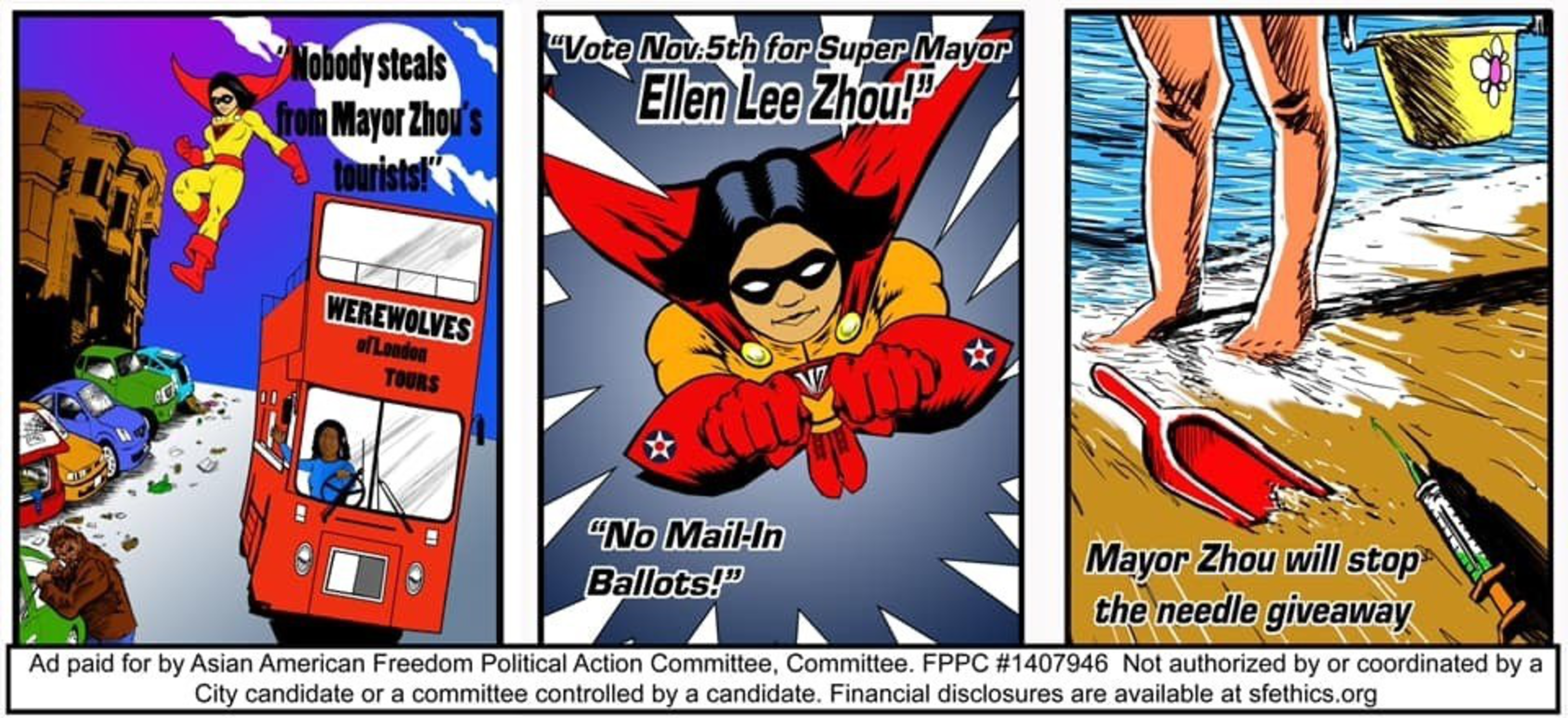 A superhero named Ellen Lee Zhou flies above a red tour bus, urging votes November 5th, promising no mail-in ballots and to stop needle giveaways at the beach.