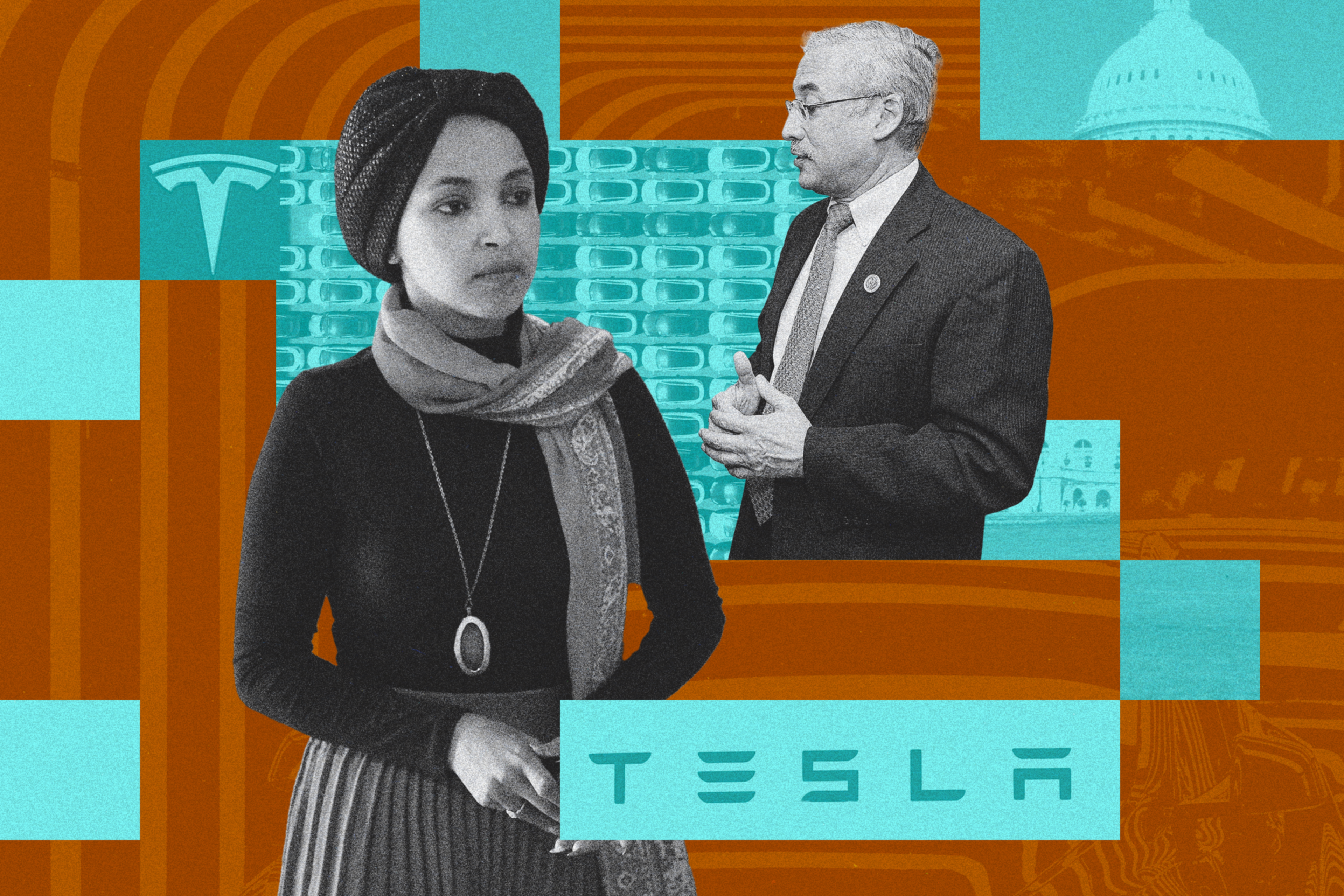 The image shows a woman in a headscarf and a man in a suit against a background featuring the Tesla logo and iconic U.S. Capitol elements in orange and blue tones.