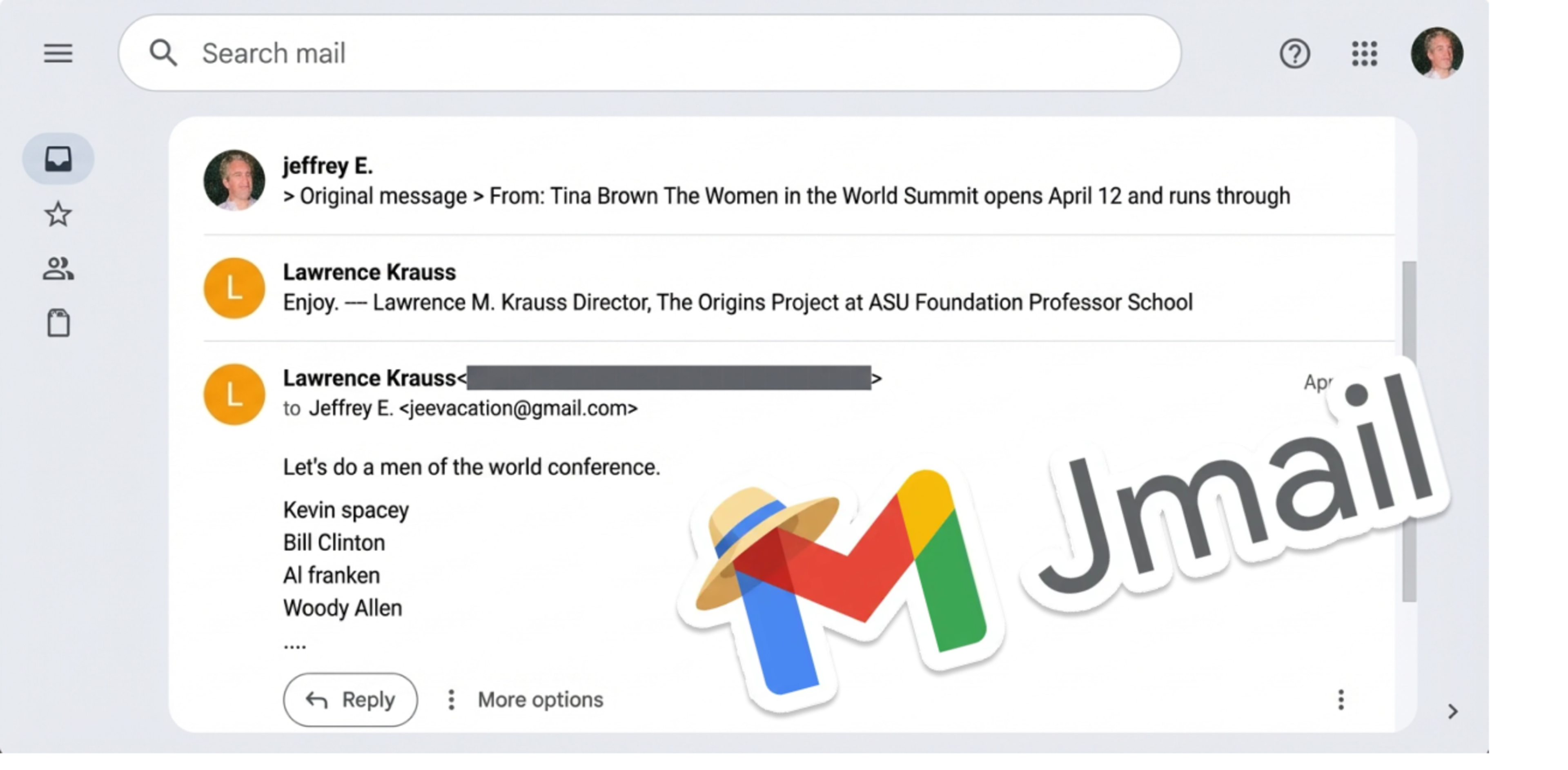 An email inbox displays a message from Lawrence Krauss listing men like Kevin Spacey and Bill Clinton for a "men of the world conference," with a Jmail logo.