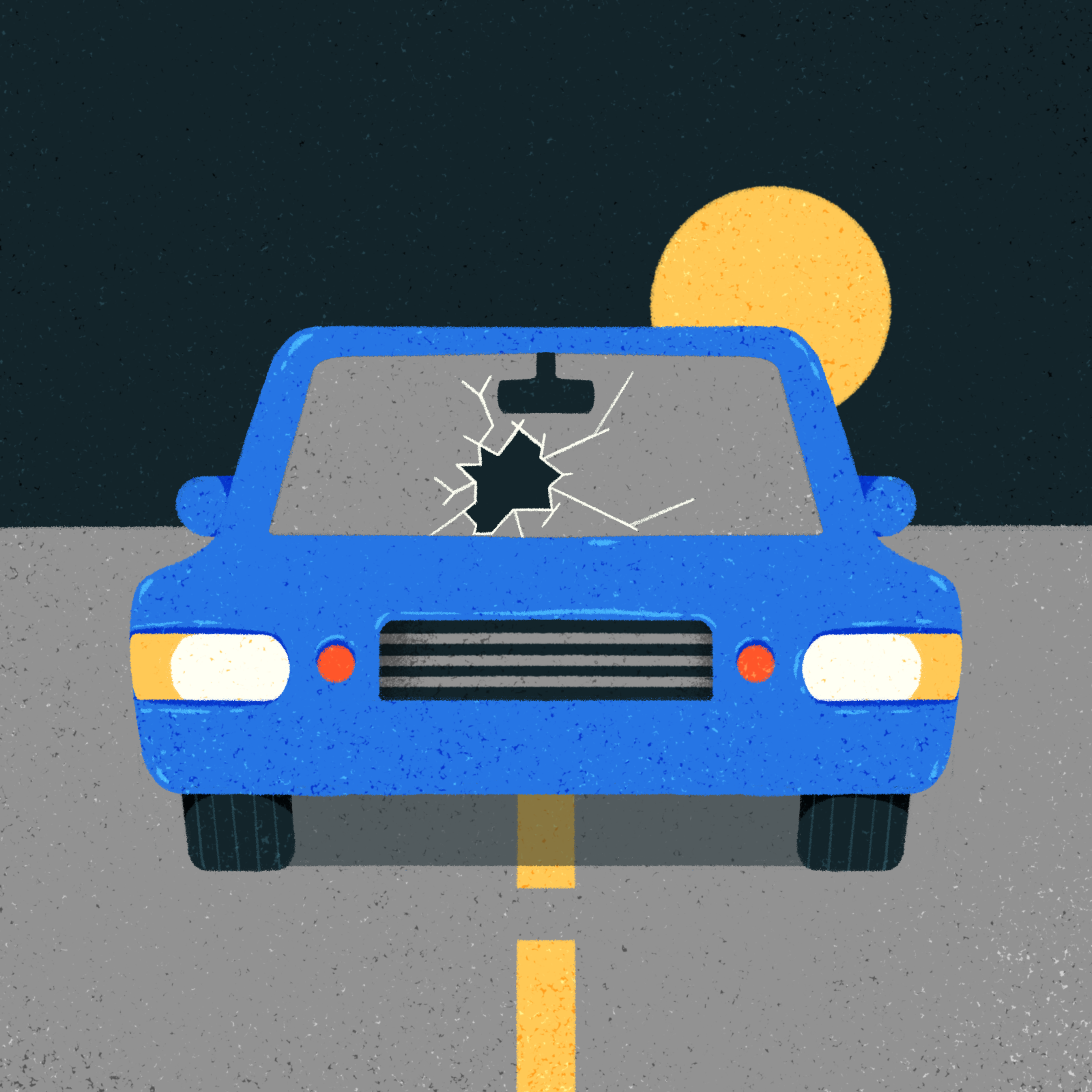 A blue car with a cracked windshield is parked on a road under a yellow moon in a dark sky. The road has a yellow line.