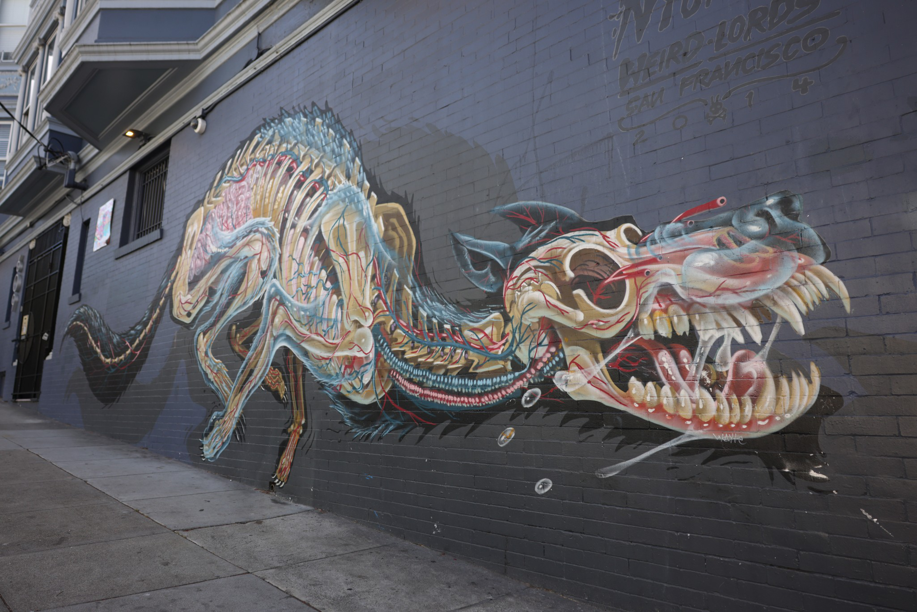 Painting of a skeleton of a running wolf on the side of a building