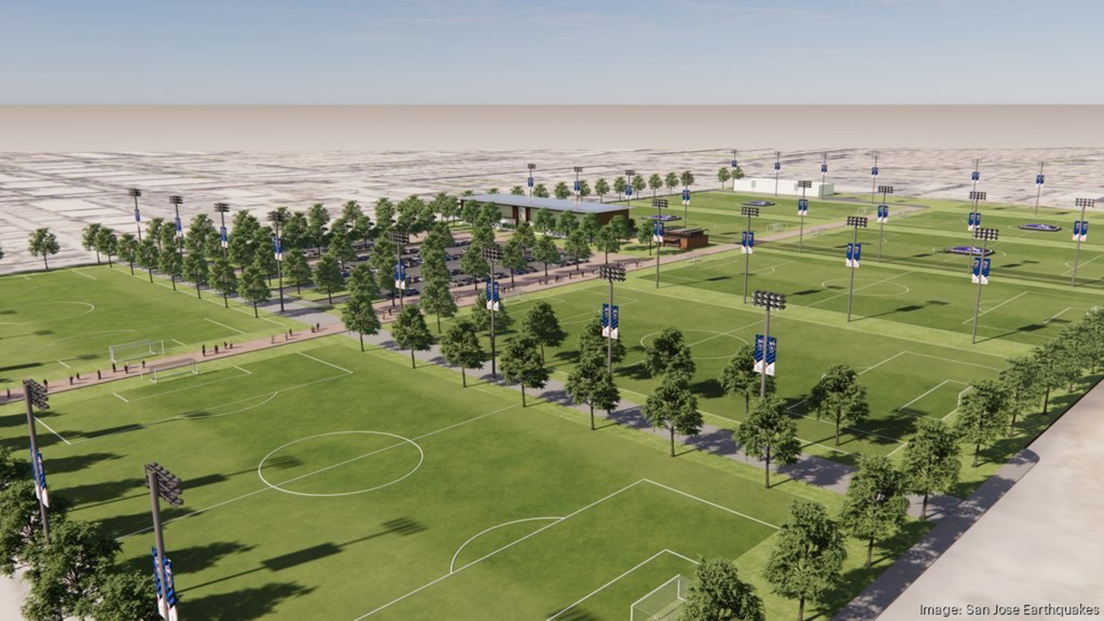 A rendering of the Earthquakes' proposed 30-acre development at the county fairgrounds. The team wants to build its new training facilities there and four public soccer fields.