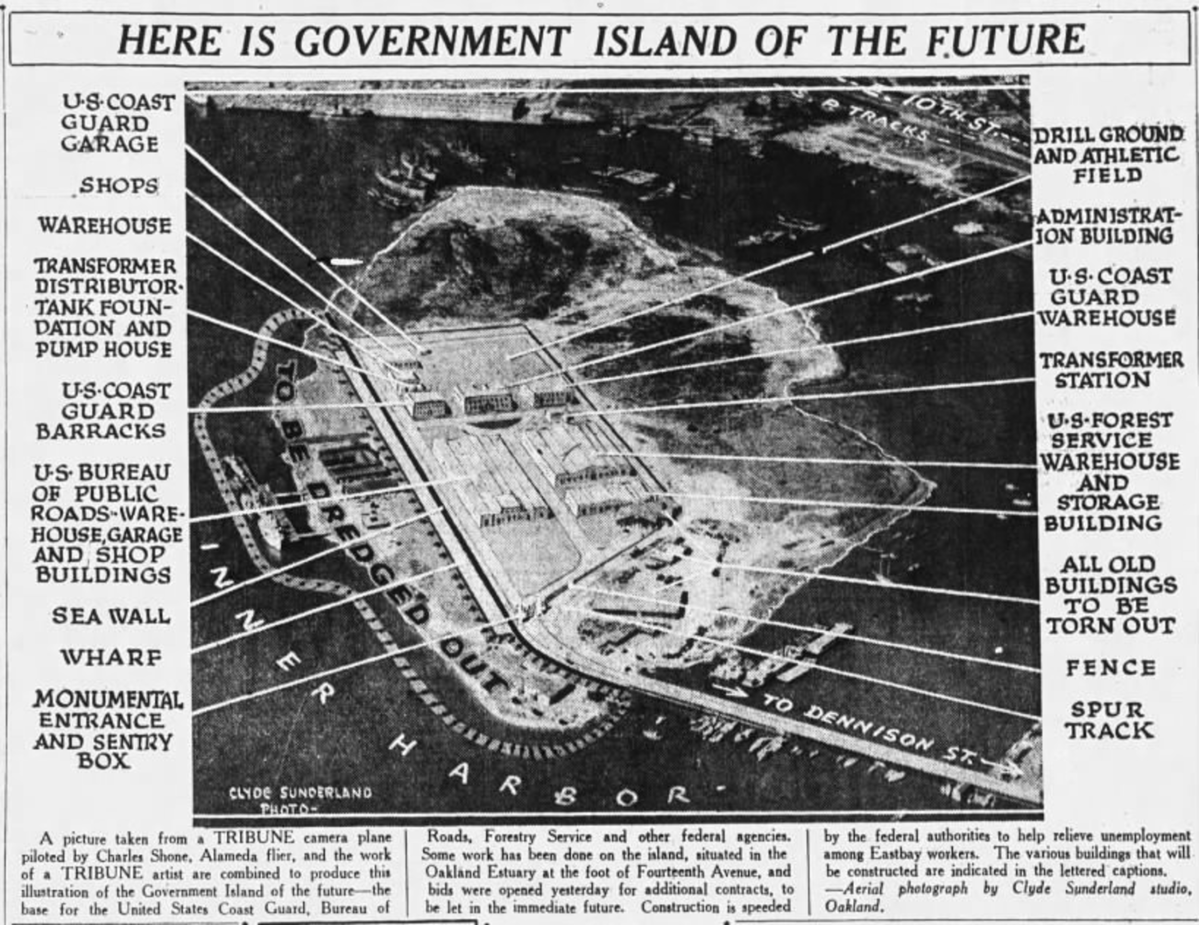 Government Island map labeled with U.S. Coast Guard, warehouses, transformer stations, athletic field, administration, dock, and a spur track, showing planned future layout.