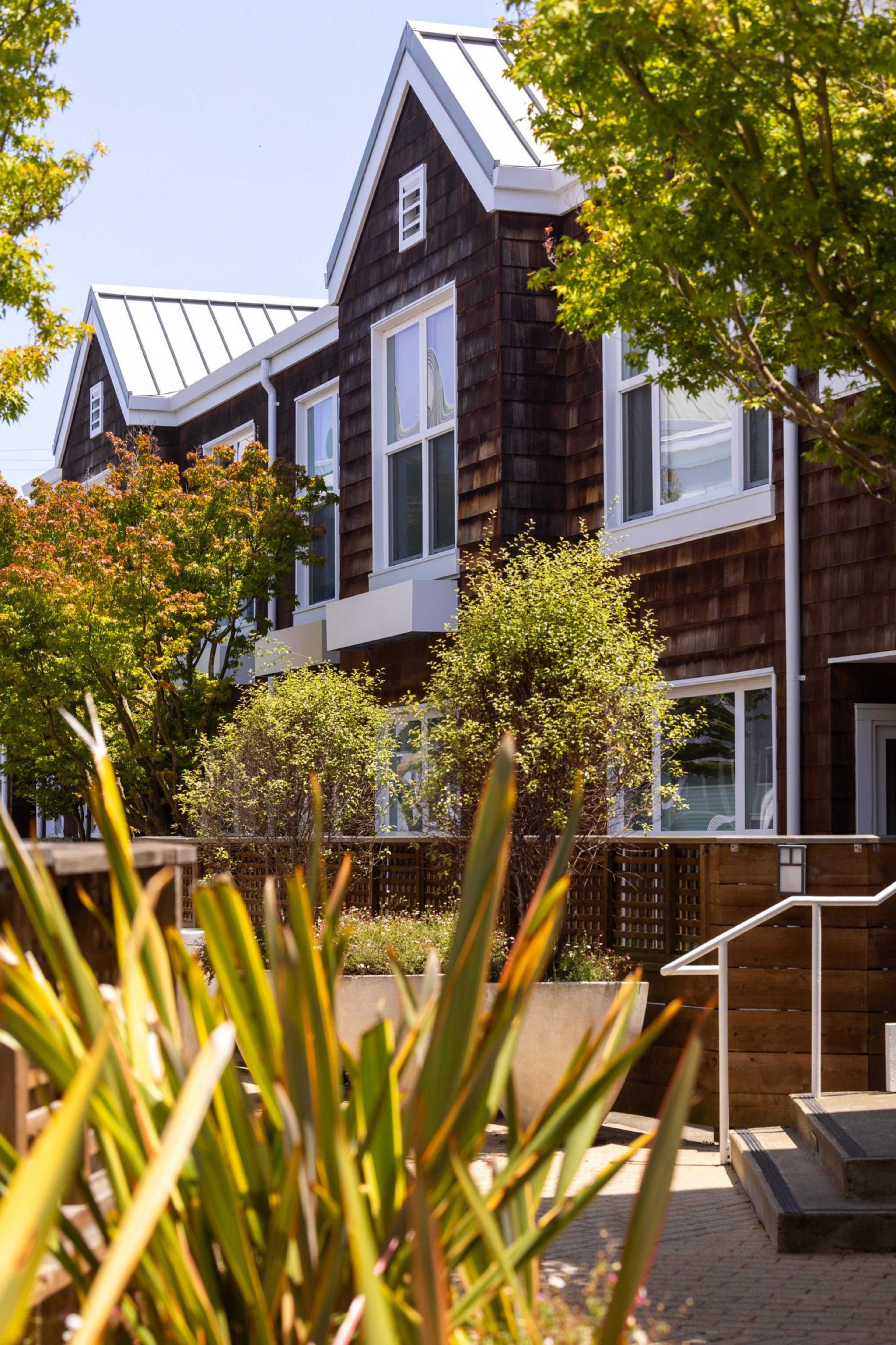 A row of modern two-story houses with large windows and wooden siding is partially obscured by lush green trees and plants under a clear blue sky.