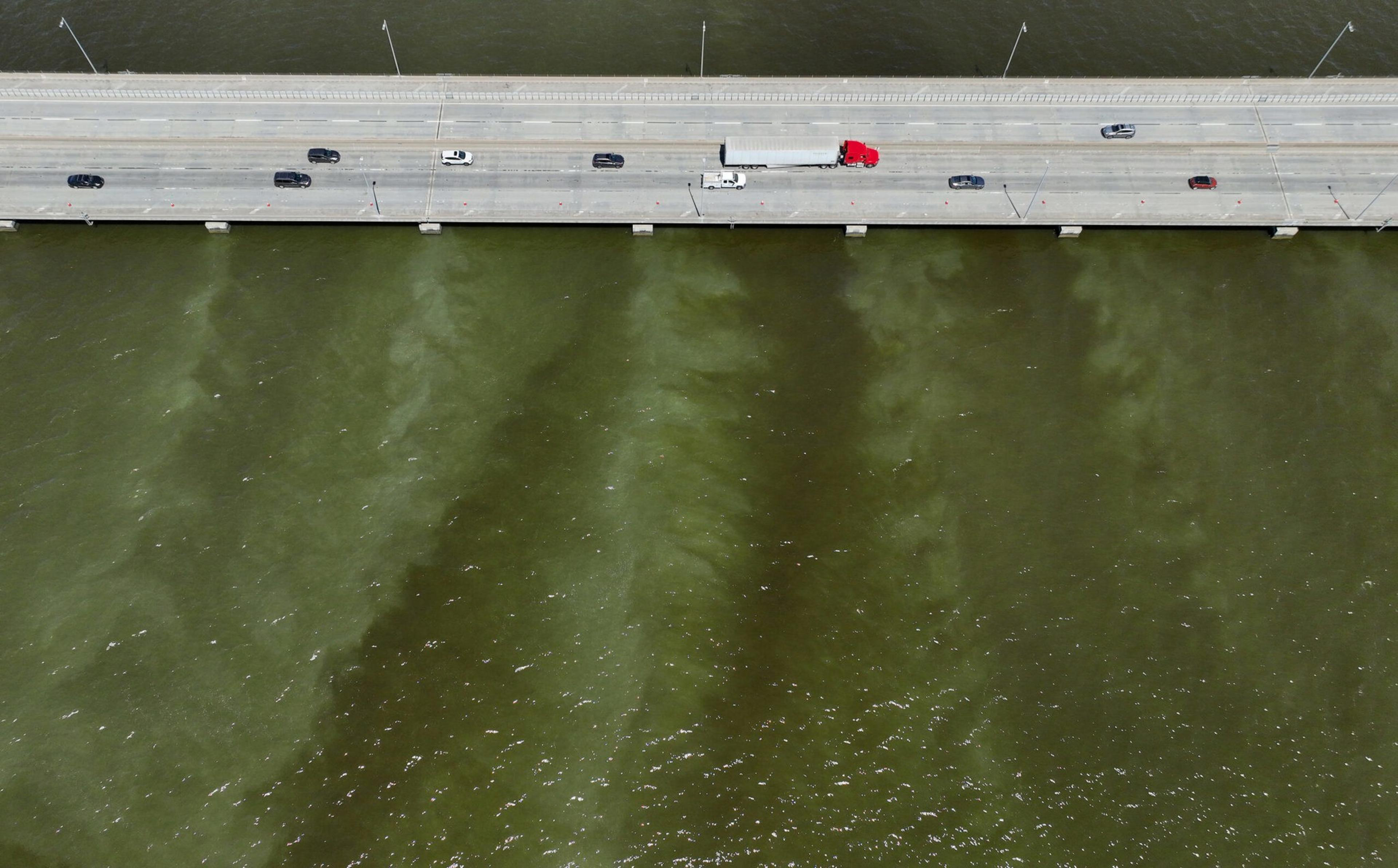 A concrete bridge stretches horizontally with multiple vehicles, including a red truck, traveling across it over a greenish body of water.