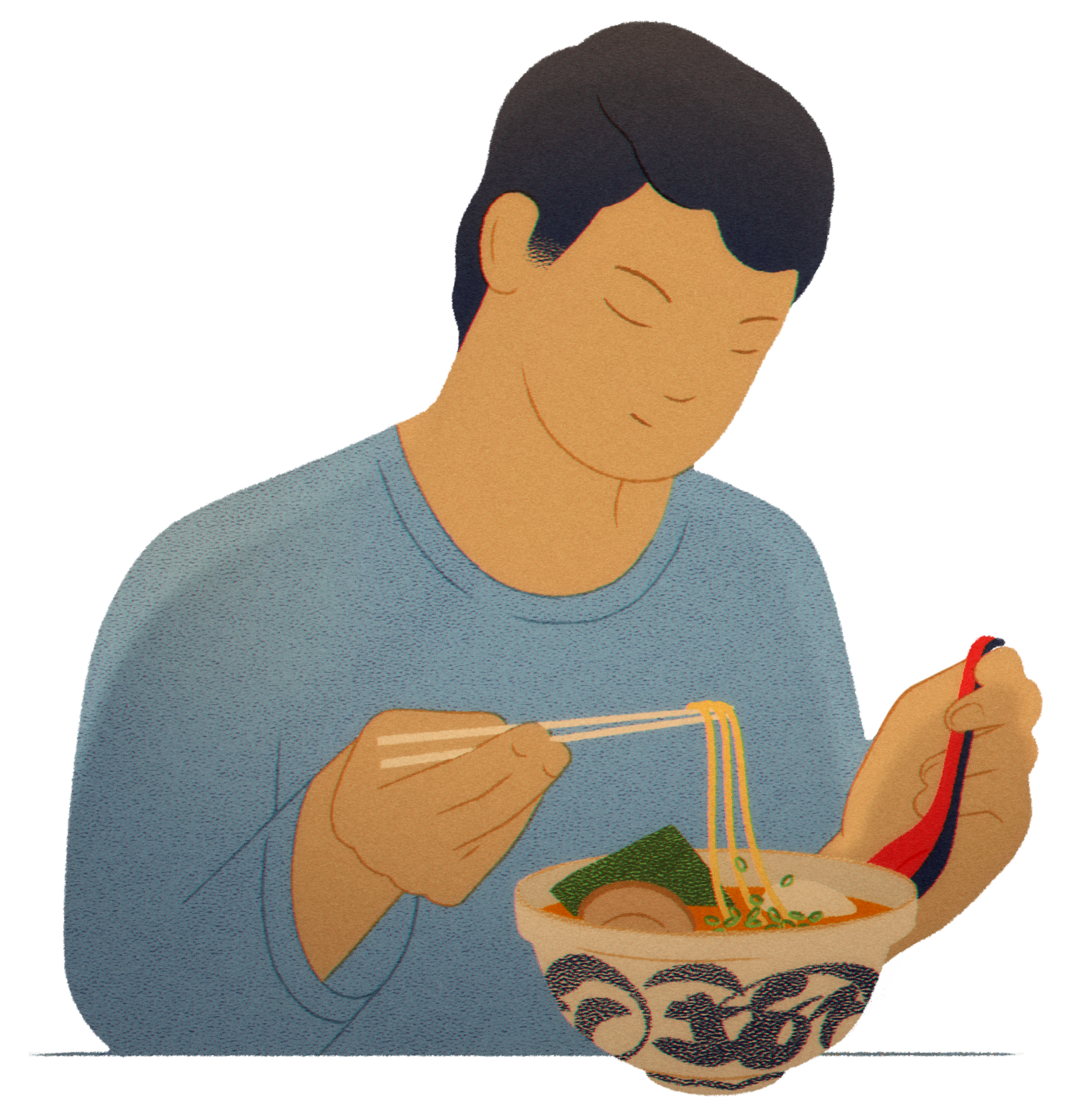A person in a blue shirt is holding chopsticks and a red spoon, eating noodles from a decorative bowl with broth and toppings.