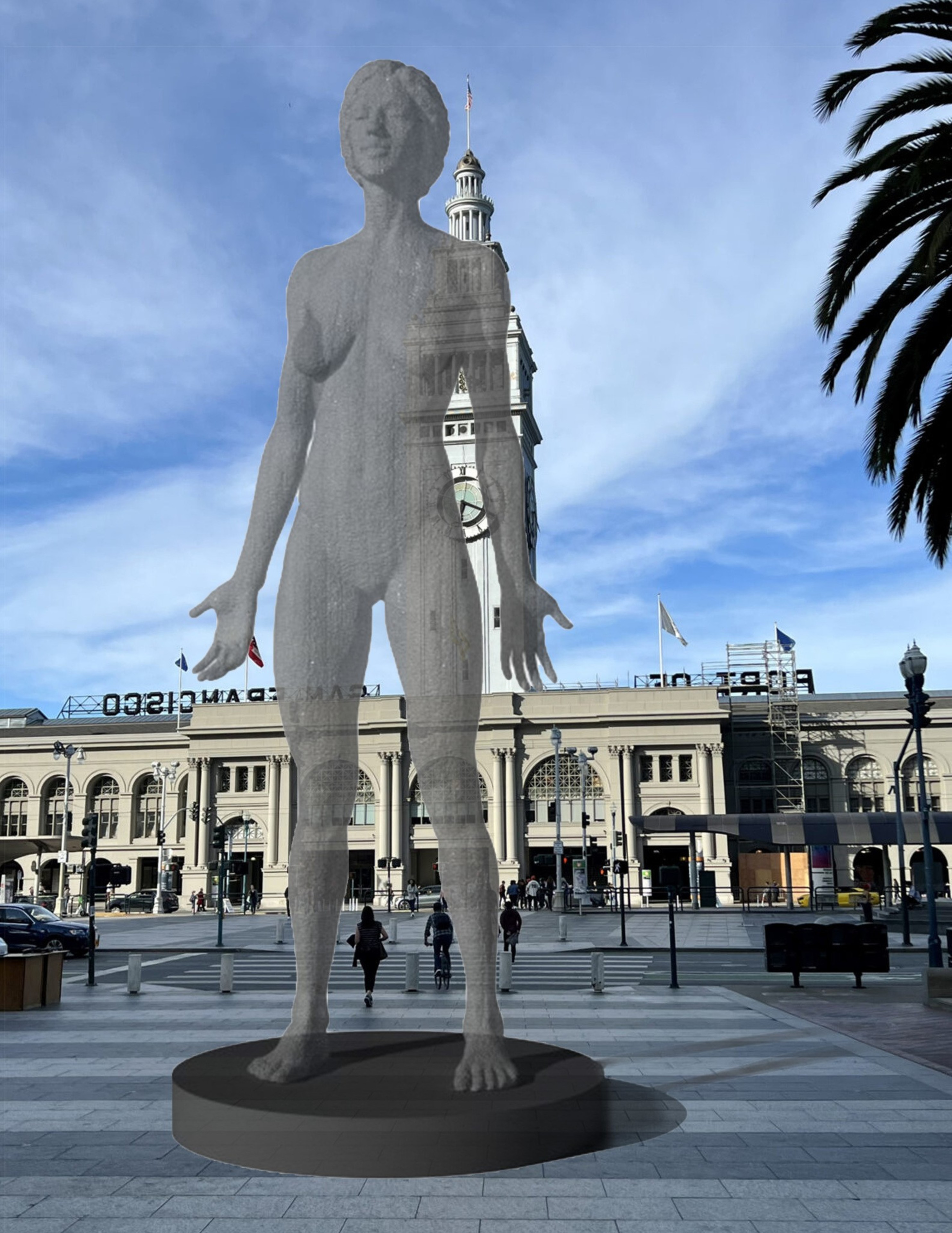 A translucent statue of a standing person, positioned on a round pedestal, stands before a historic building with a clock tower. Palm trees frame the scene.