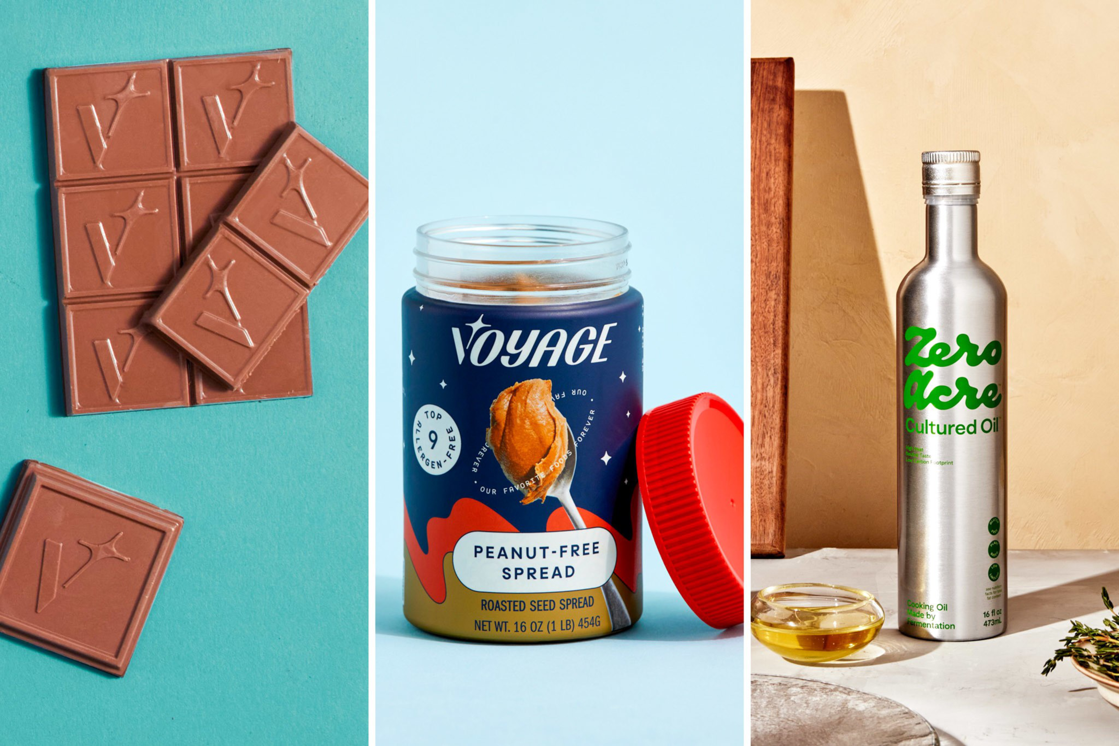 Milk chocolate bars with a "V" logo, a jar of peanut-free roasted seed spread with a red lid, and a silver bottle labeled "Zero Acre Cultured Oil" with a small bowl of oil.