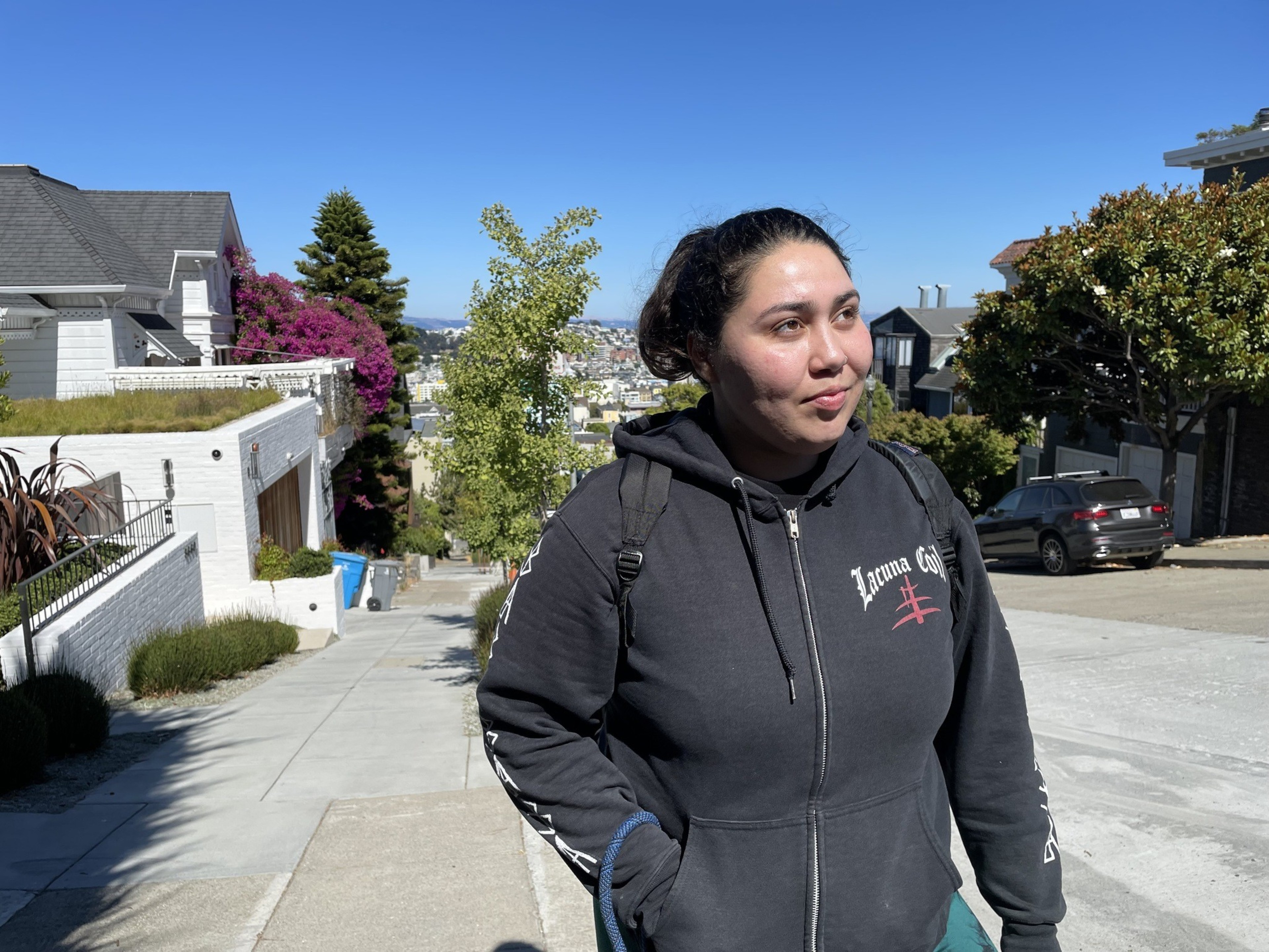 A person in a black hoodie stands on a sunny street with houses, trees, and vibrant purple flowers. The background reveals a city skyline under a clear blue sky.