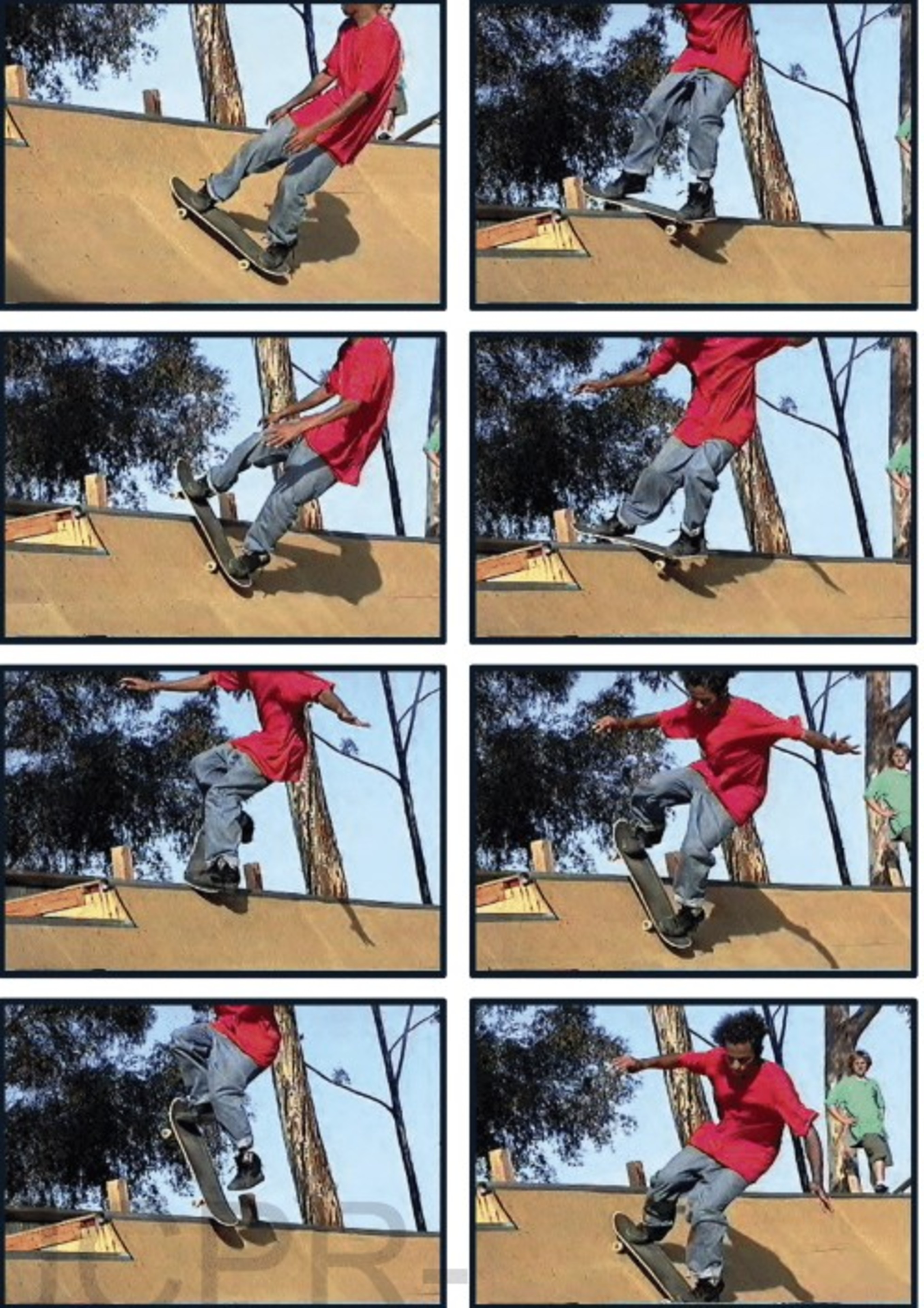 A sequence of eight images shows a person in a red shirt and jeans performing a skateboard trick on a ramp surrounded by trees and a clear sky.