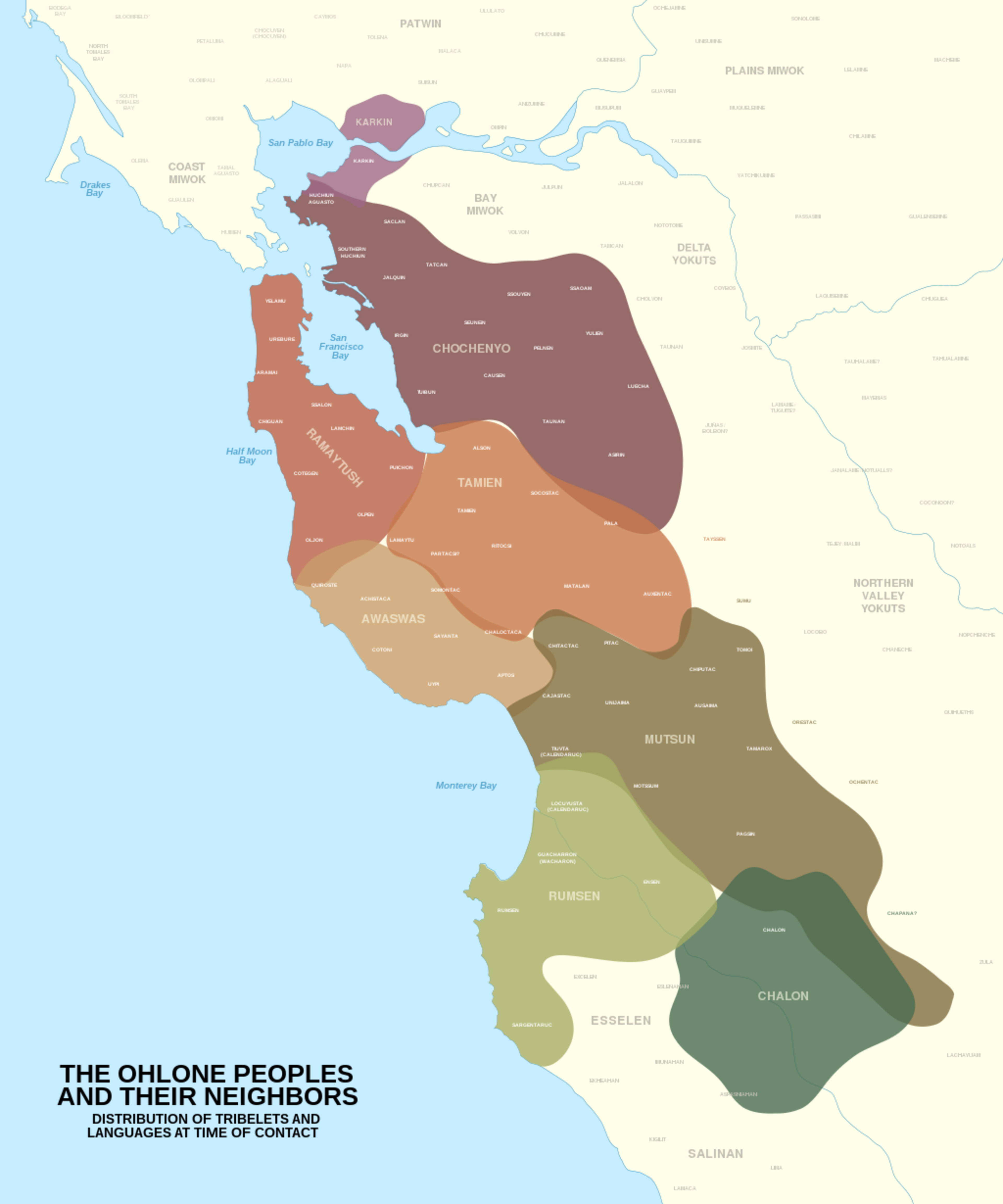 The map shows the distribution of Ohlone tribes and neighbors around San Francisco Bay, including Karkin, Chochenyo, Tamien, Awaswas, Mutsun, Rumsen, Esselen, and Chalon regions.