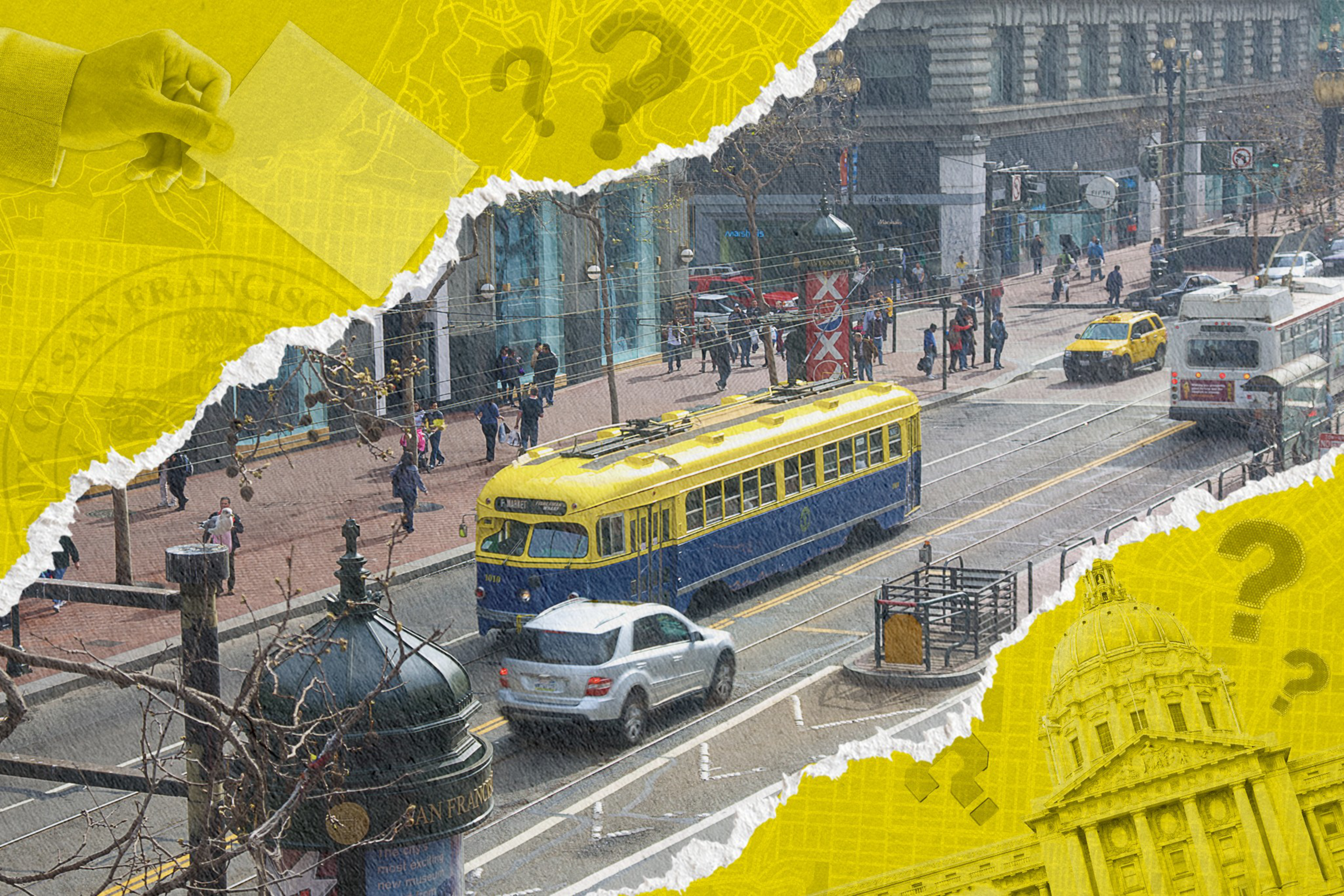 A busy urban street features a yellow and blue streetcar, a taxi, and a bus. People walk on sidewalks under a cloudy sky, with a collage of yellow question marks overlaid.