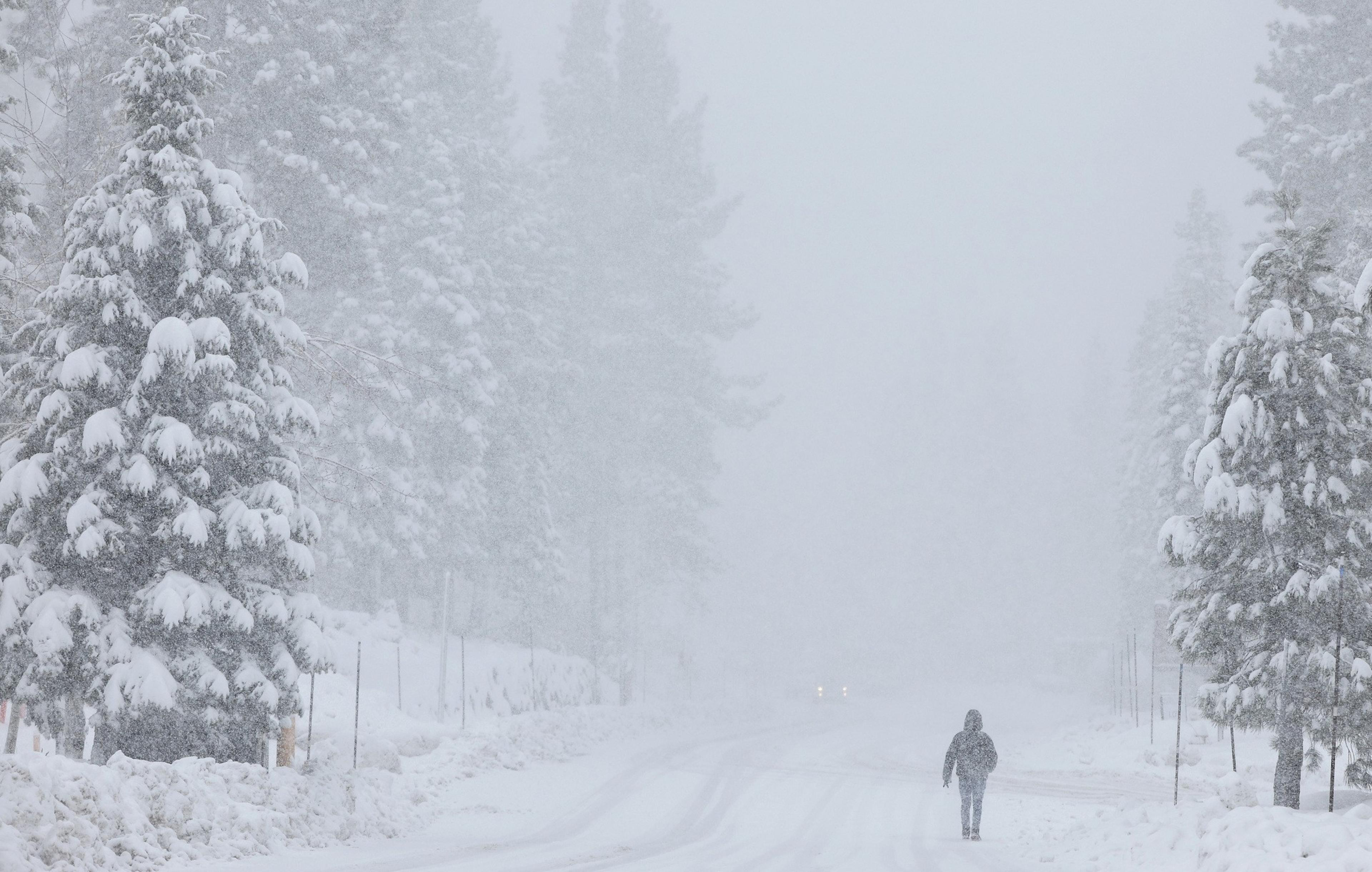Person walks down road in the snow
